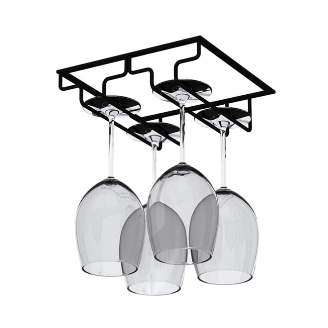 Premium Wrought Iron Under Cabinet Wine Glass Holder - 2 Rows Black Hanging Goblet Rack for Kitchen & Bar Storage | Space-Saving Upside Down Wine Glass Organizer for Home, Restaurant, and Party Use