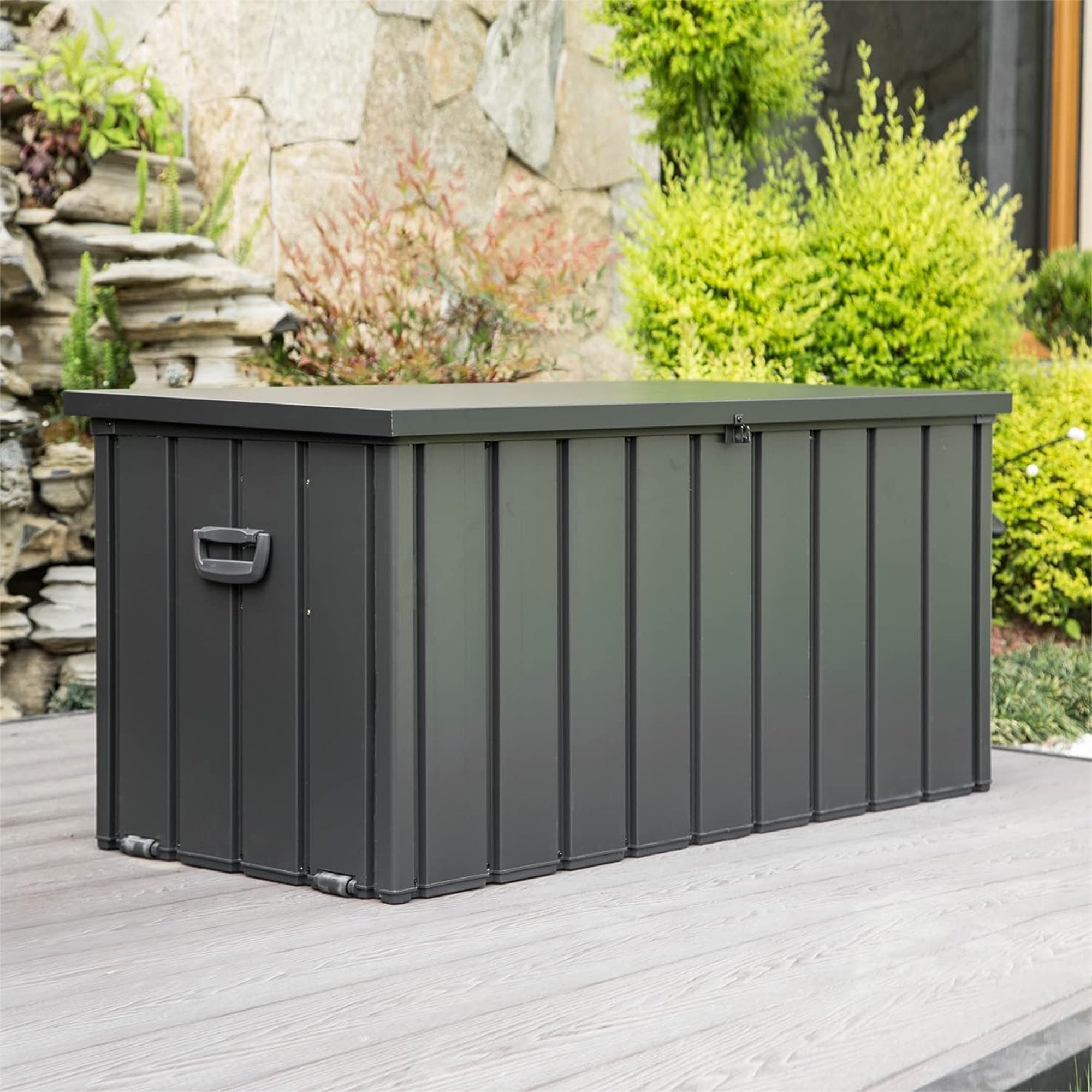 100 Gallon Waterproof Outdoor Storage Deck Box - Large Lockable Patio Storage Bin for Cushions, Pillows, Garden Tools (Dark Gray) - Perfect for Backyard, Deck, and Poolside Organization