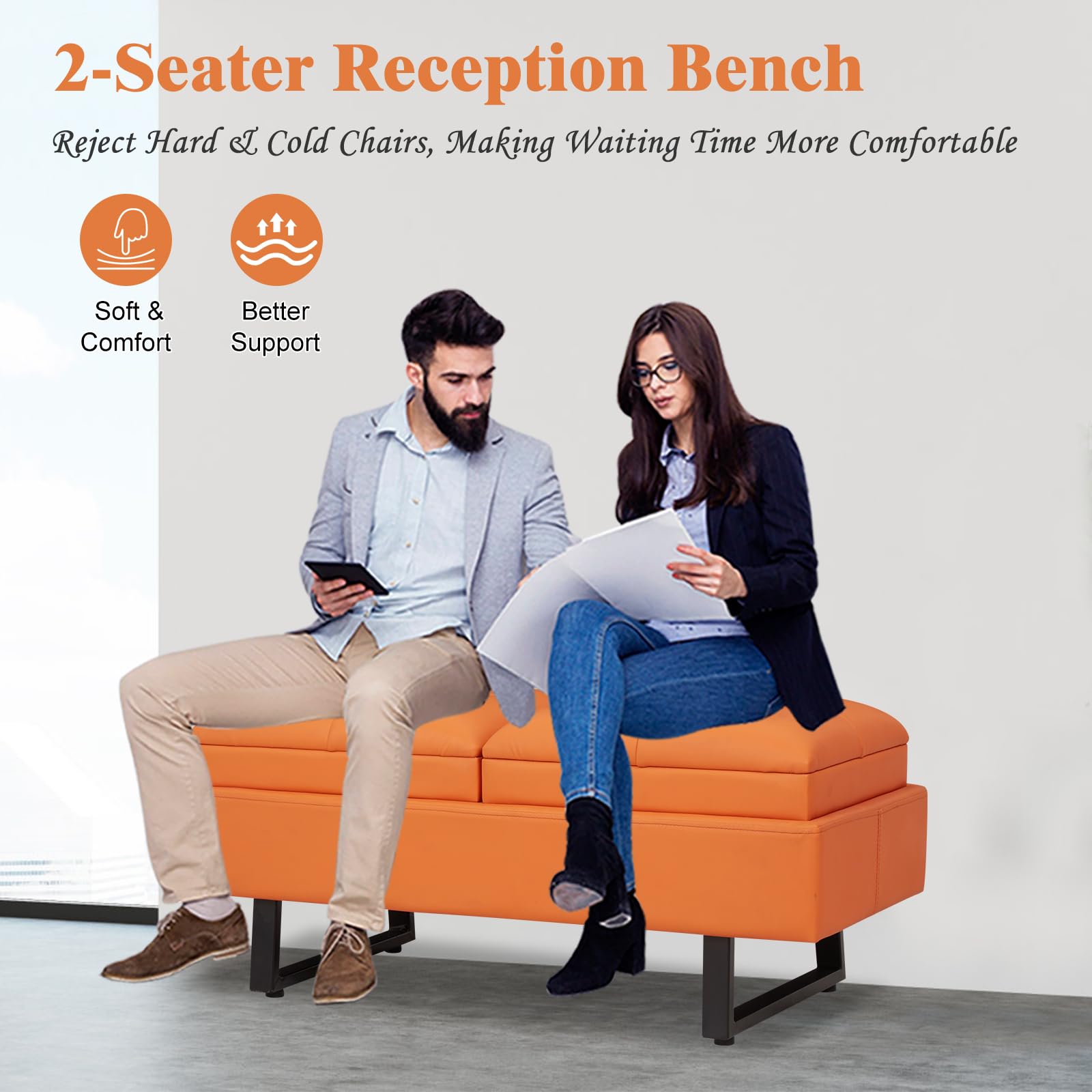 Kinpaw Modern Reception Chairs - 2-Seat PU Leather Waiting Room Bench with Thickened Cushion, Entryway & Lobby Furniture for Office, Salon, Living Room - Orange | Perfect for Waiting Areas, Hotel Lobbies & Home Entryways