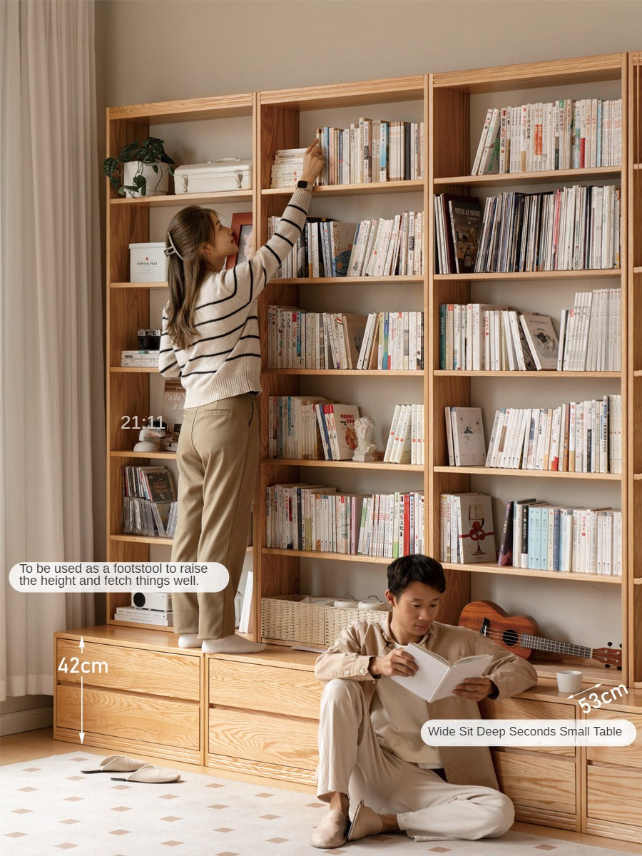 Solid Oak Wood Wall-to-Wall Bookshelf with Built-in Seat - Perfect for Home Library, Study Room & Living Room Storage