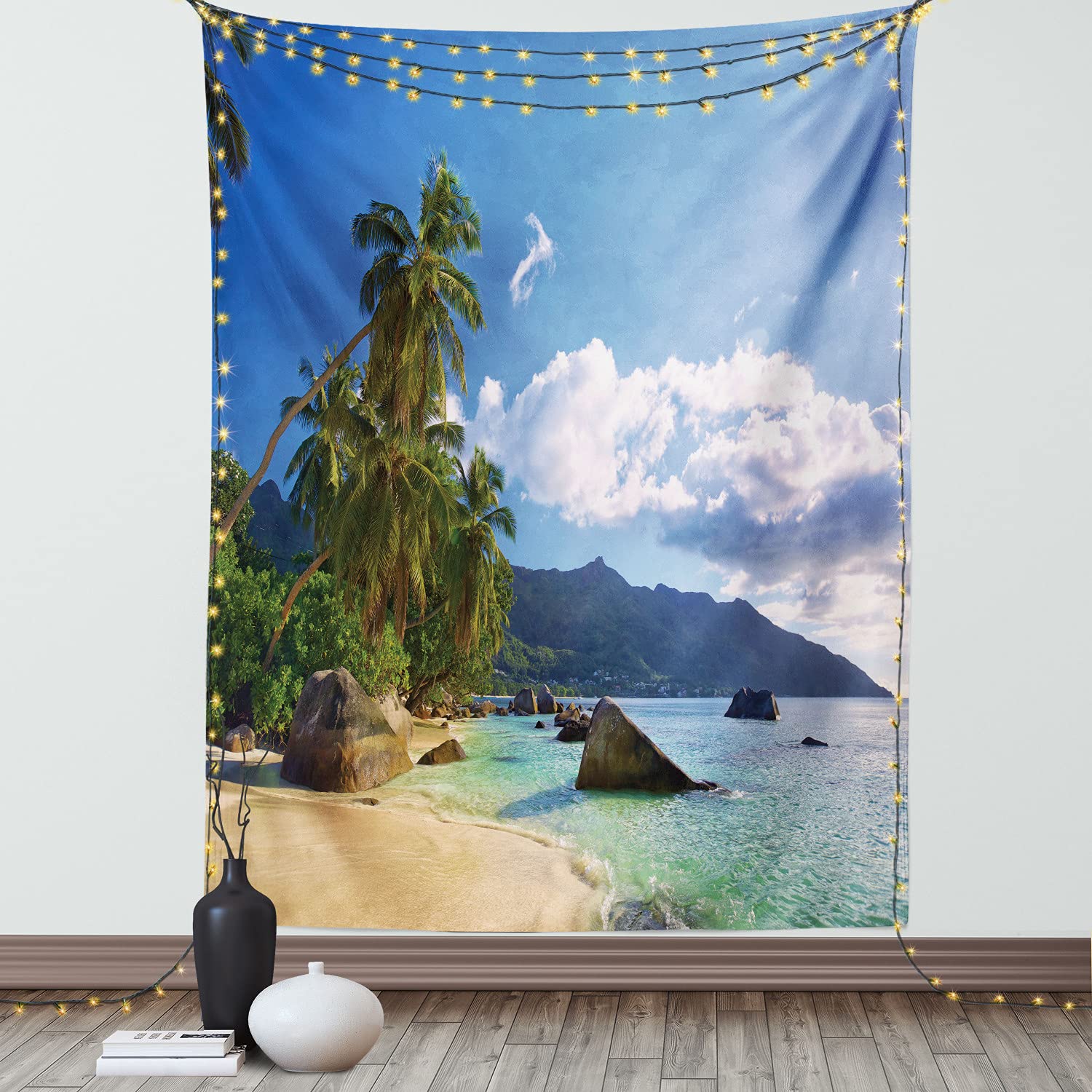 Ambesonne Tropical Beach Tapestry - 40x60 Inch Wall Hanging Decor for Bedroom, Living Room & Dorm | Seychelles Mahe Island Travel Theme in Sand Brown Blue Green | Perfect for Beach House Decor, Vacation Vibes & Boho Style Rooms