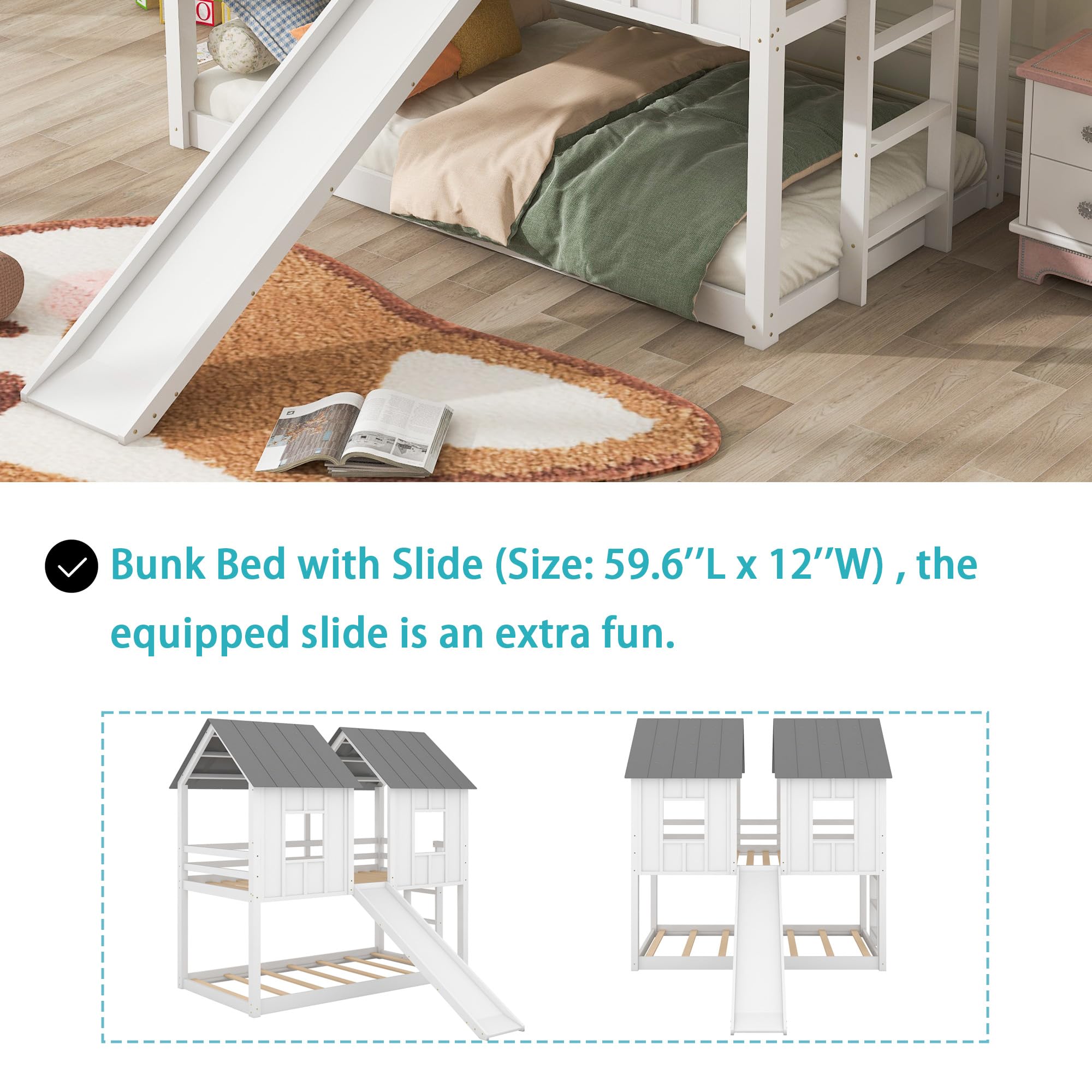 Merax Twin-Over-Twin Wooden House Bunk Bed with Slide, Windows, Ladder & Safety Rails - White Twin Size Kids Bunk Bed for Bedrooms, Playrooms & Sleepovers