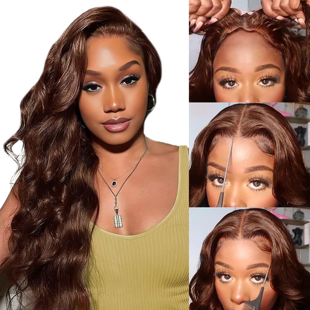FTQZKEY 24 Inch Chocolate Brown Lace Front Human Hair Wig - 7x5 Pre-Plucked, 220% Density Body Wave for Women | Natural Look for Daily Wear, Cosplay & Special Occasions