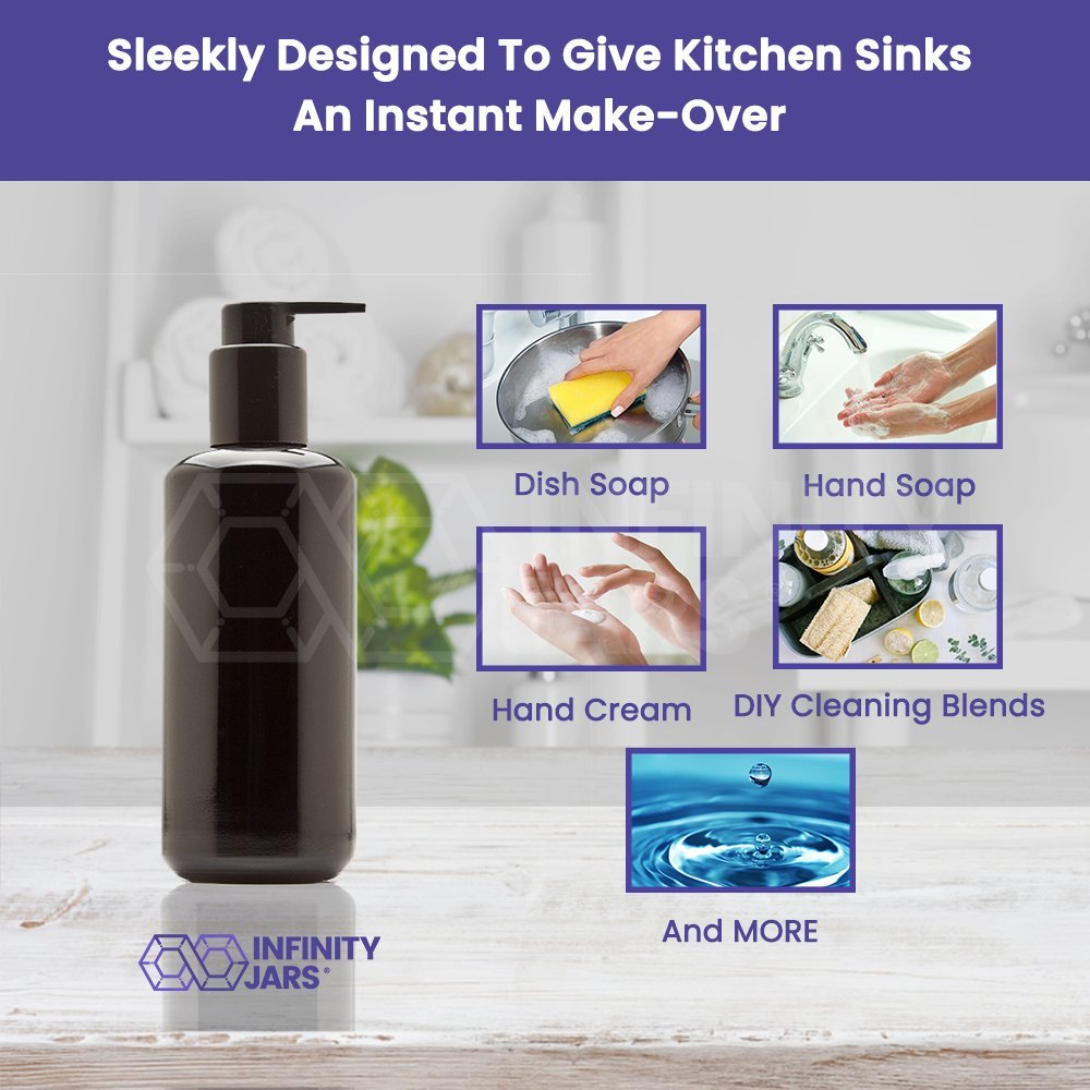 Infinity Jars 10-Pack Black UV Glass Soap Dispenser Bottles - 200ml (6.8oz) Refillable for Kitchen, Bathroom & Hand Lotion | Dish Soap & Hand Wash Dispenser | Eco-Friendly Home & Office Use