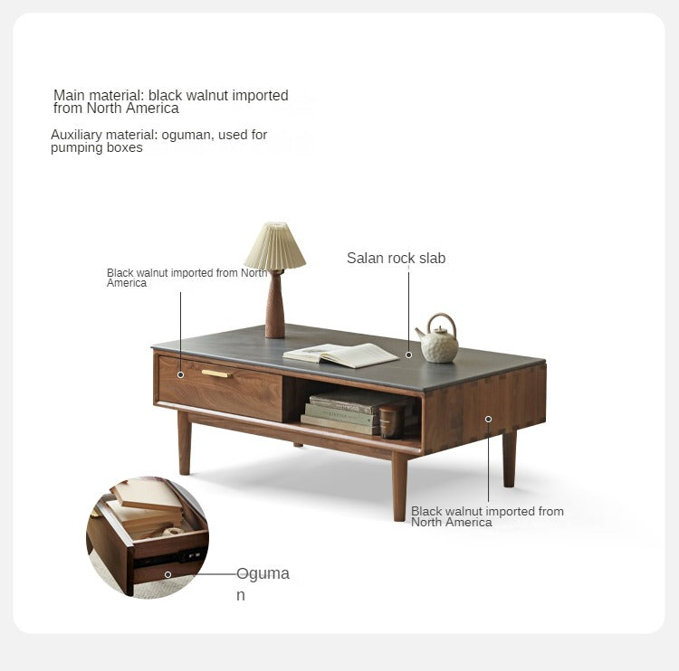 Solid Black Walnut Wood Storage Coffee Table with Rock Plate - Rustic Living Room Furniture for Home Decor & Organization