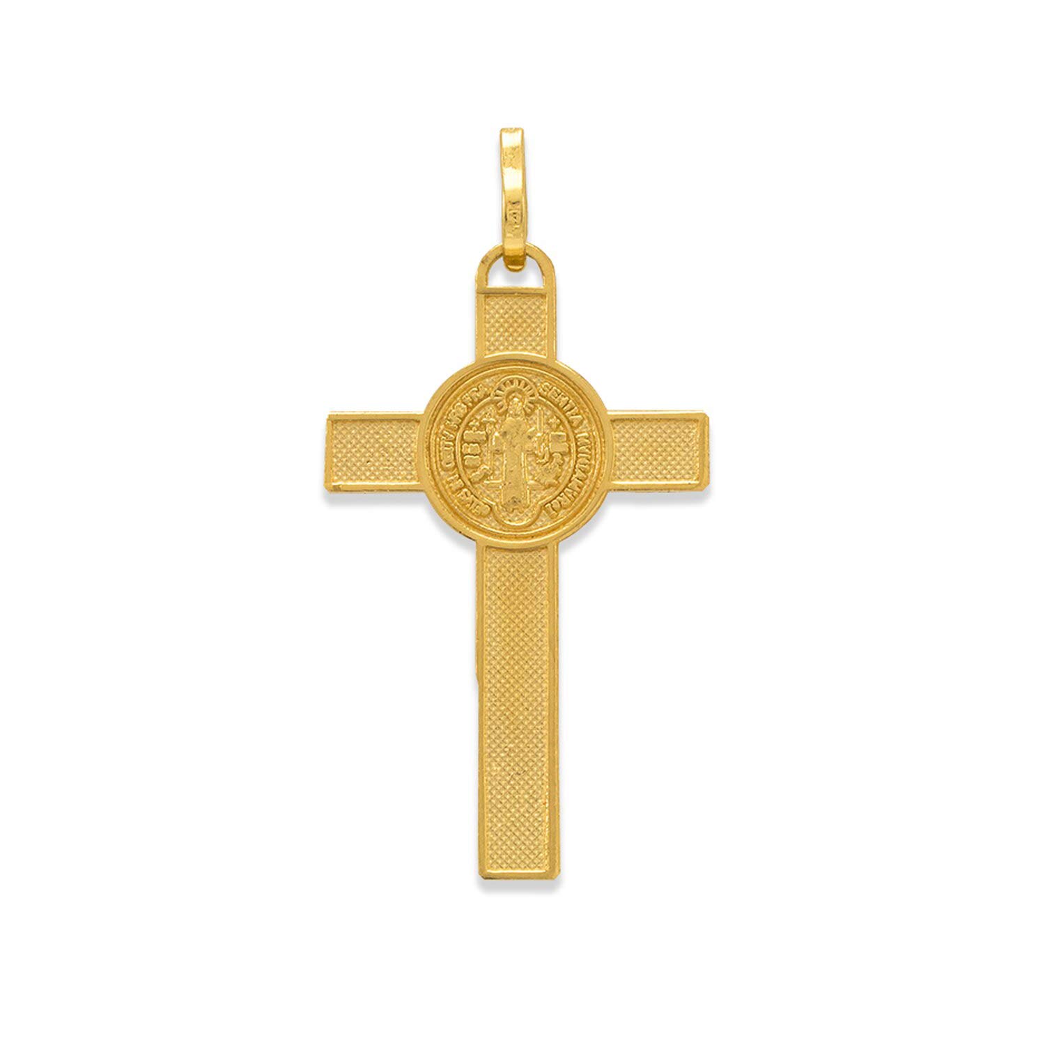 14K Gold San Benito Cross Pendant Necklace - Two-Sided Religious Scapular Charm in Yellow & White Gold - Elegant Unisex Jewelry Gift for Baptism, First Communion & Spiritual Protection