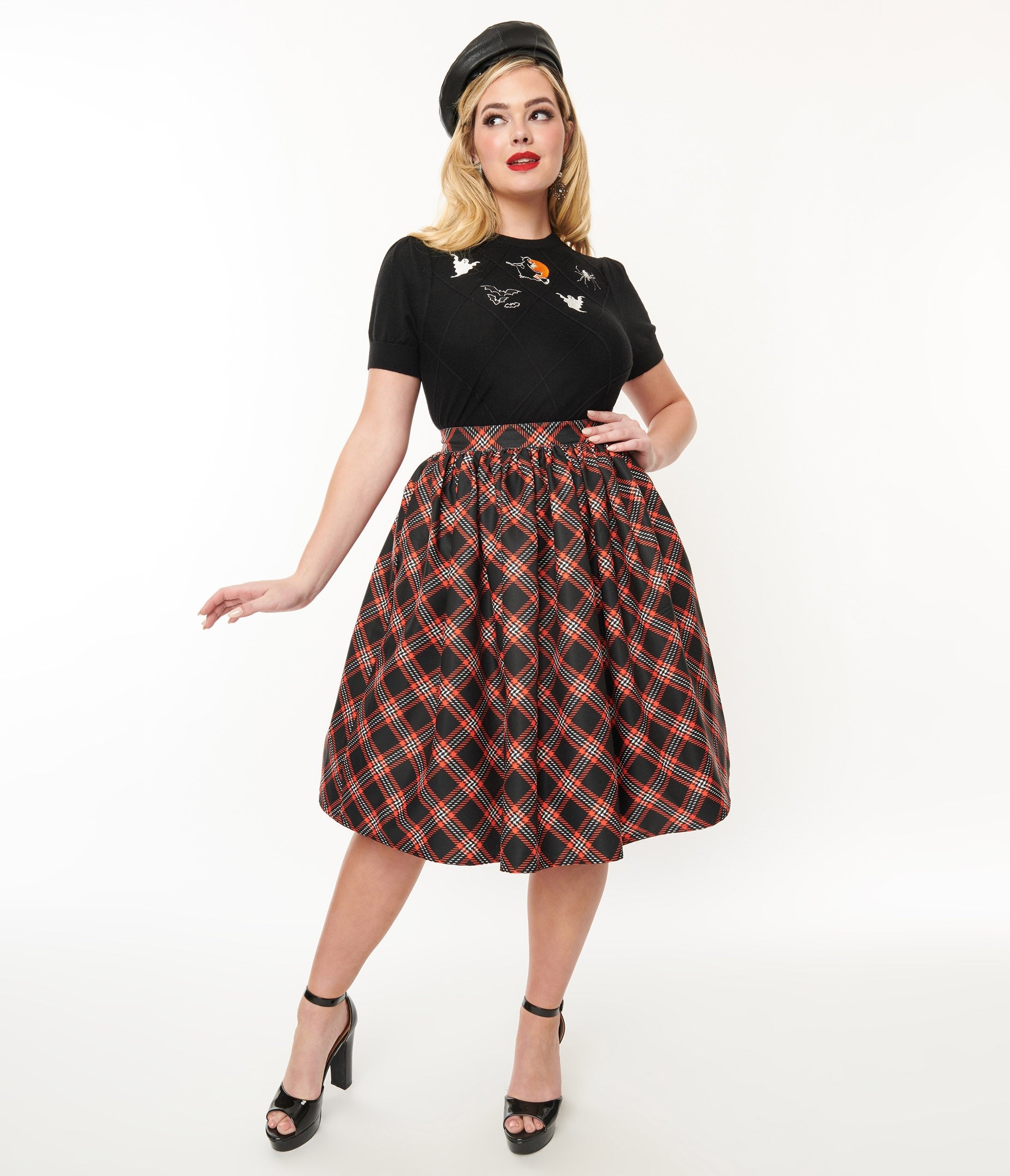 Vintage 1950s Black & Orange Plaid Gellar Swing Skirt - Retro A-Line Skirt for Women, 50s Style Rockabilly Swing Dress, Perfect for Halloween, Christmas, Vintage Themed Parties & Pinup Fashion