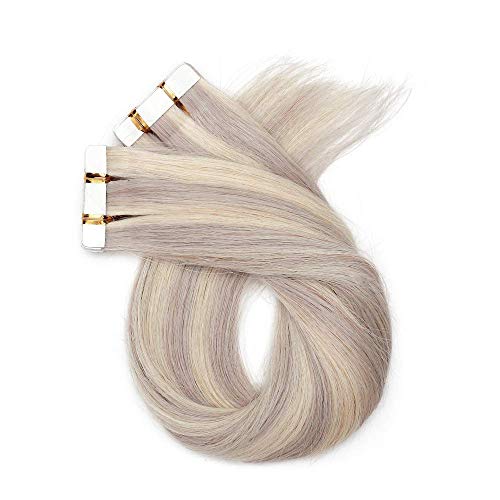 20pcs 40g 100% Remy Human Tape in Hair Extensions - Balayage Platinum Blonde Highlighted Grey Seamless Straight 12 Inch Double Sided | For Volume, Length & Styling | Perfect for Weddings, Parties & Daily Wear