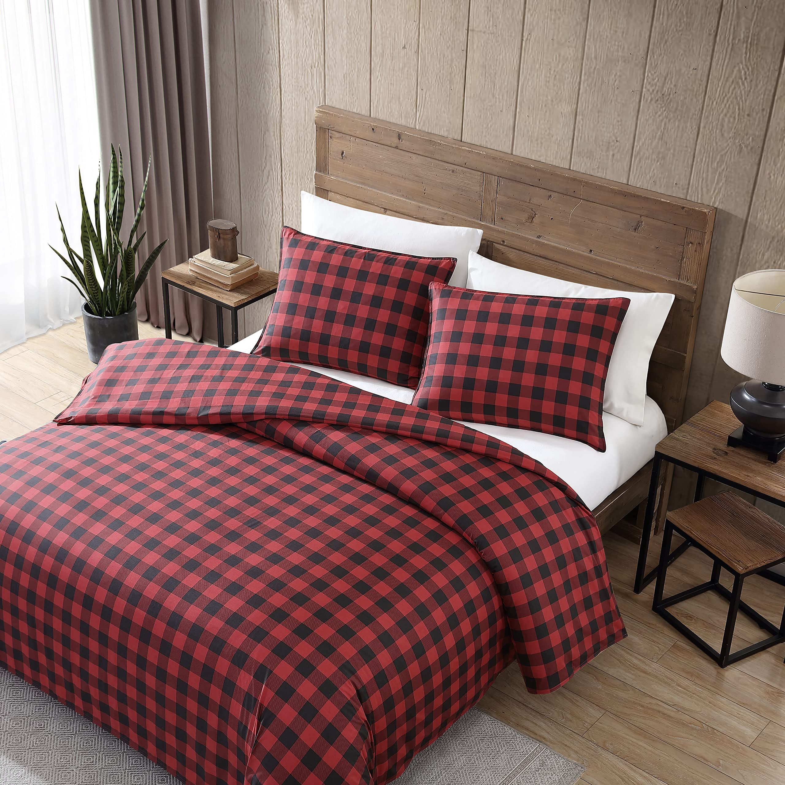 Eddie Bauer Queen Size Comforter Set - 100% Cotton Reversible Bedding with Buffalo Plaid Design, All-Season Warmth (Red/Black) for Cozy Bedroom & Guest Room Decor