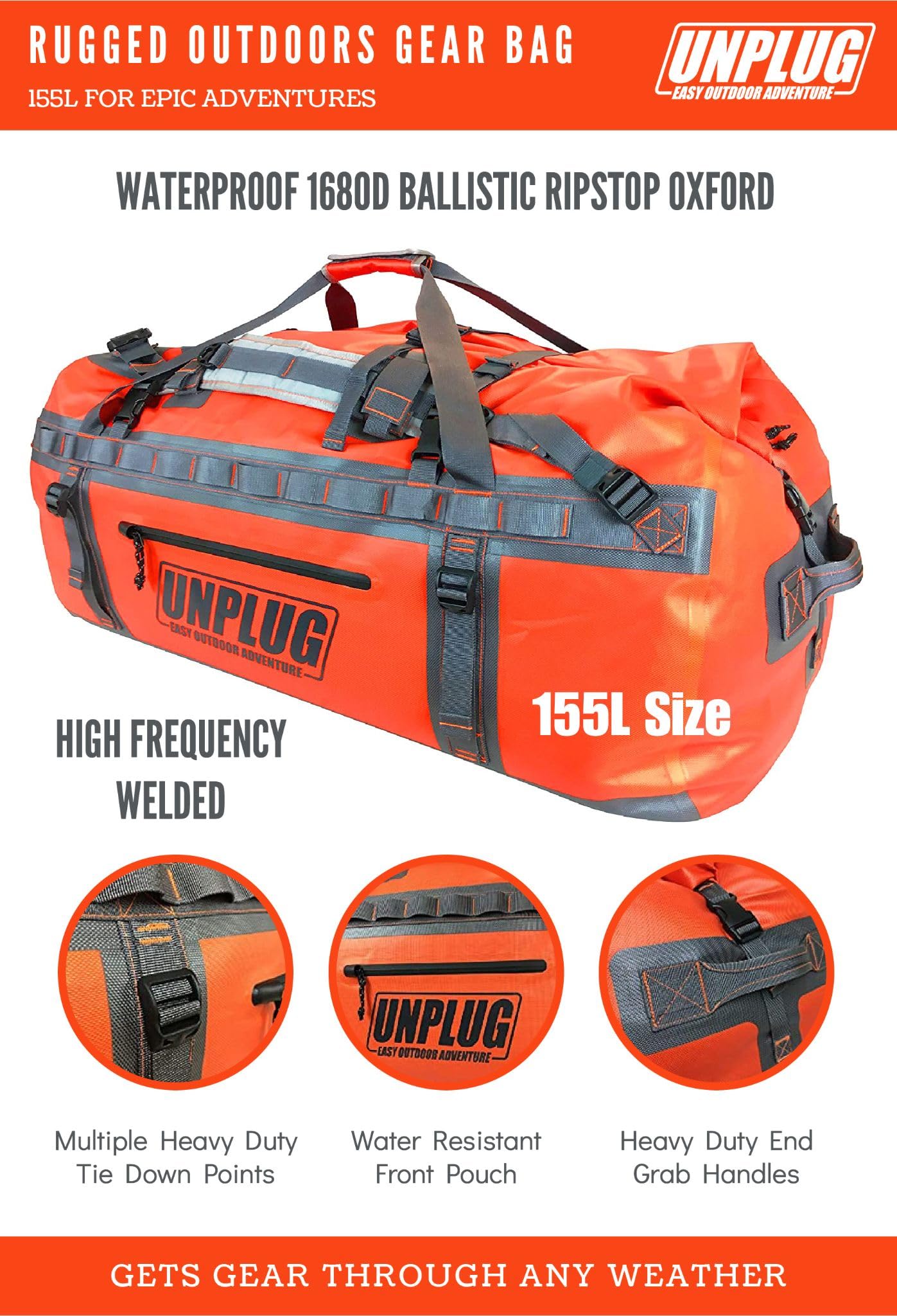 UNPLUG Ultimate Adventure Bag - 1680D Heavy Duty Waterproof Travel Duffel for Camping, Hiking, Motorcycle & Boating | Tactical Duffle Backpack for Outdoor Sports, Military Use & Water Activities