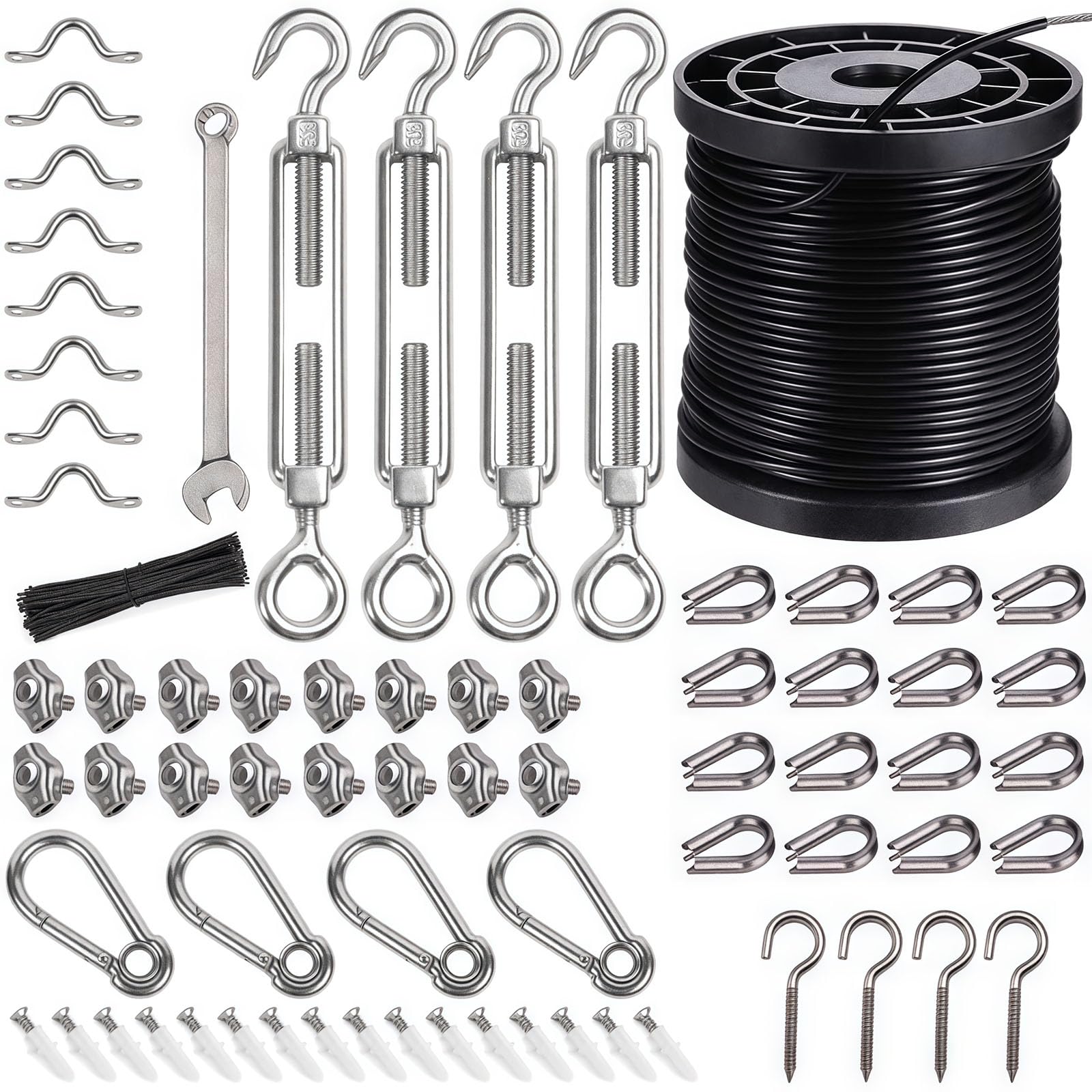 Outdoor String Light Hanging Kit with 164FT Nylon-Coated Stainless Steel Wire Rope, Turnbuckle & Hooks - Complete String Light Poles & Tension Wire System for Patio, Garden, Backyard, Wedding & Party Decorations