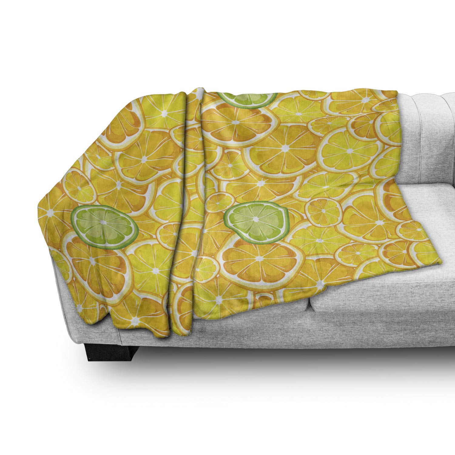 Ambesonne Citrus Fruit Throw Blanket - Soft Flannel Fleece Accent Blanket with Lemon, Orange & Lime Circles Pattern, 50