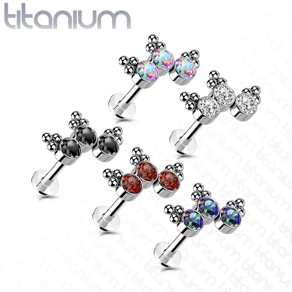 Implant Grade Titanium Threadless Push-In Labret Piercing with 3 Bezel Set CZ Stones & Trinity Ball Cluster - Body Jewelry for Lip, Nose, or Ear Piercings - Sold Individually