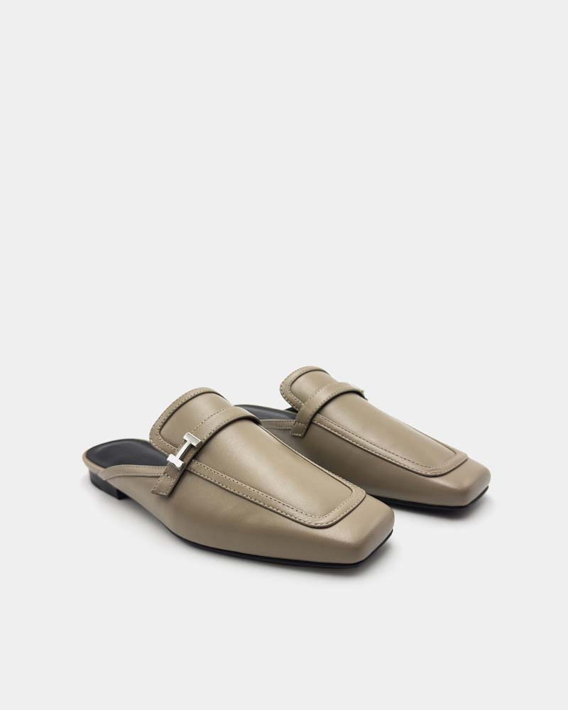 Khaki Leather Flat Loafer Mules for Women - Comfortable Slip-On Shoes for Casual Outfits, Office Wear & Everyday Use