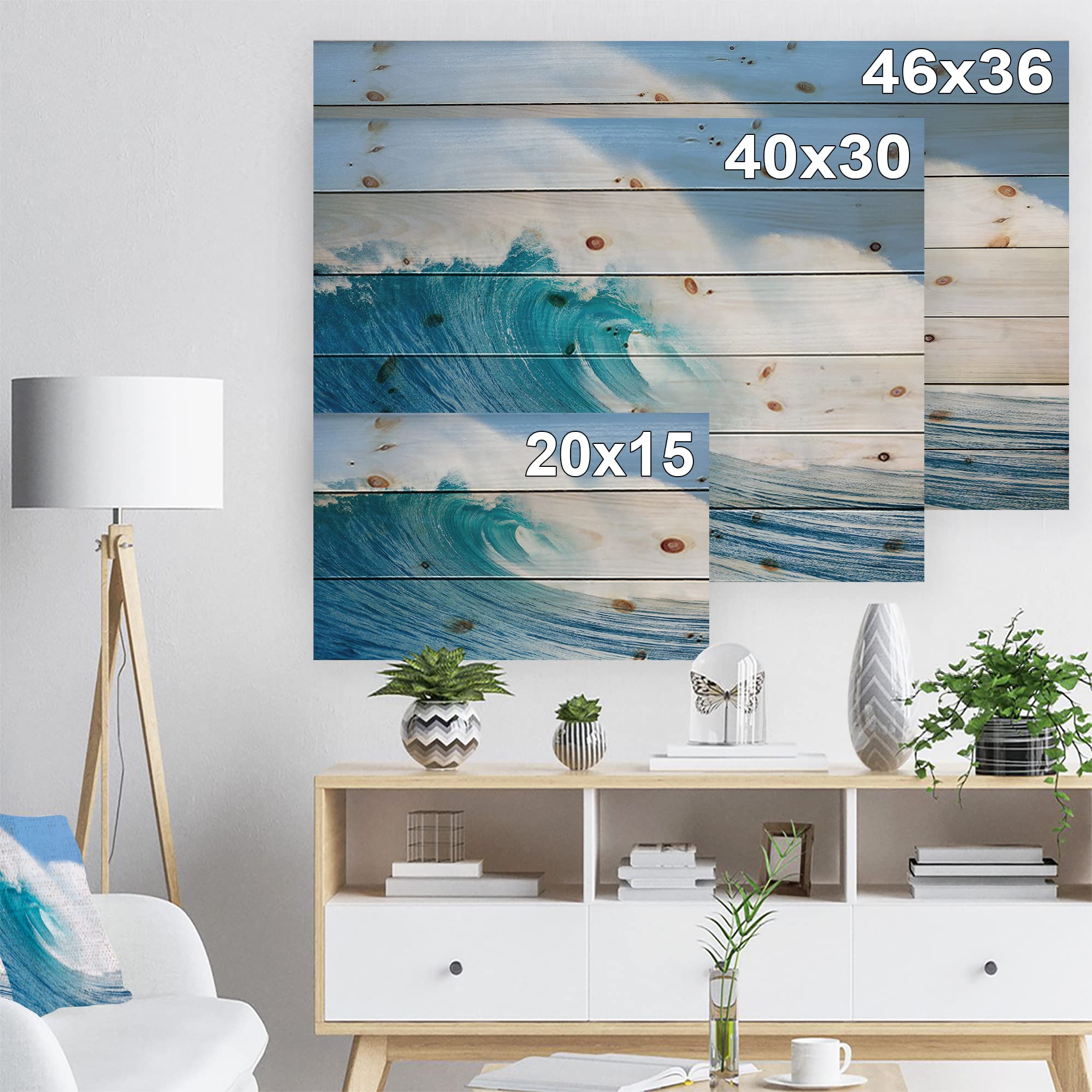 Blue Ocean Wave Nautical Wood Wall Art - Coastal Beach Decor Printed on Natural Pine Wood - Large Wooden Wall Panels for Living Room, Bedroom or Beach House Decoration