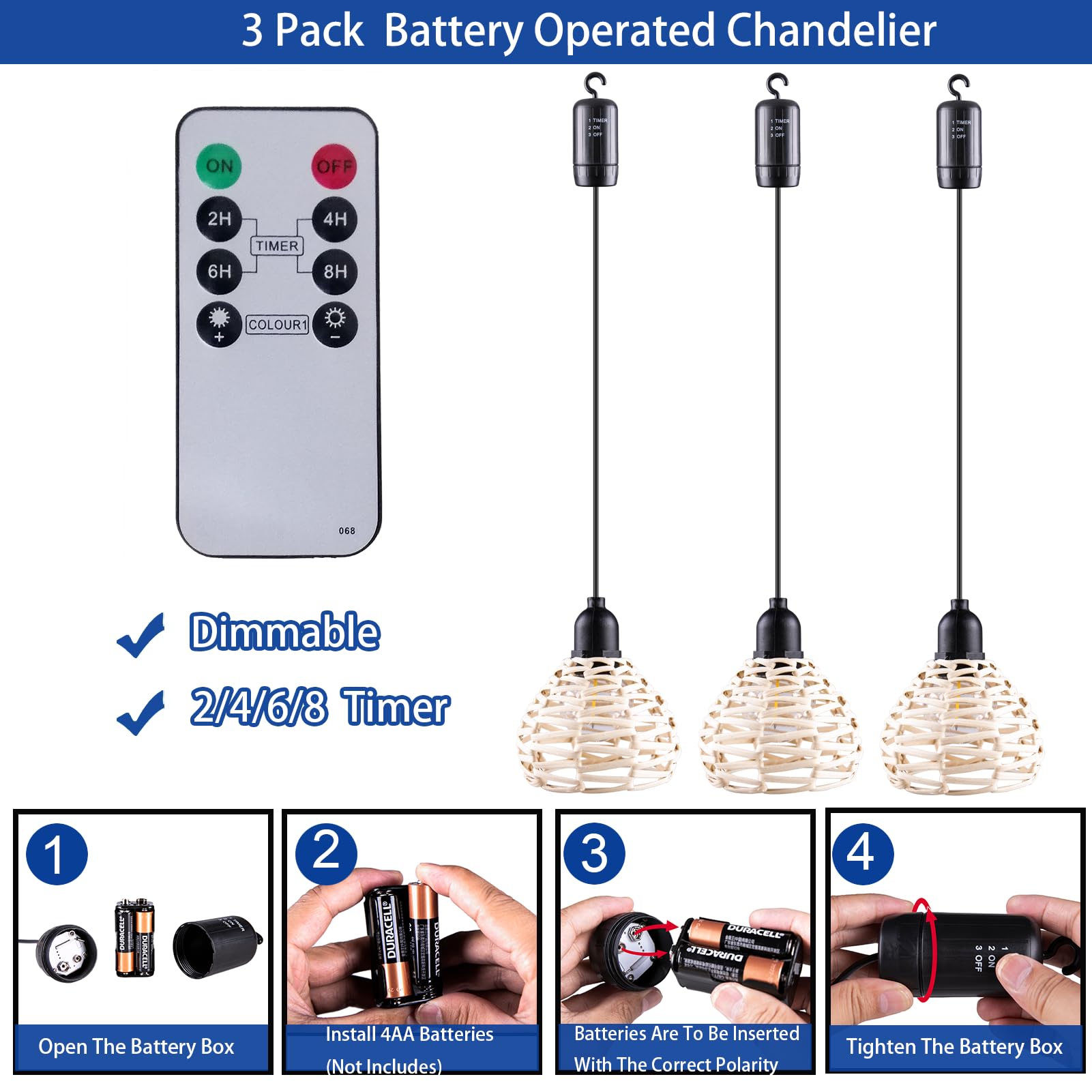 3 Pack Outdoor Battery Operated Chandelier - Dimmable Rattan Pendant Lights with Timer, Warm White Waterproof Hanging Lamps for Gazebo, Yard, Porch, Patio, Garden & Backyard Decor | Perfect for Romantic Dinners, Outdoor Weddings & Cozy Evenings