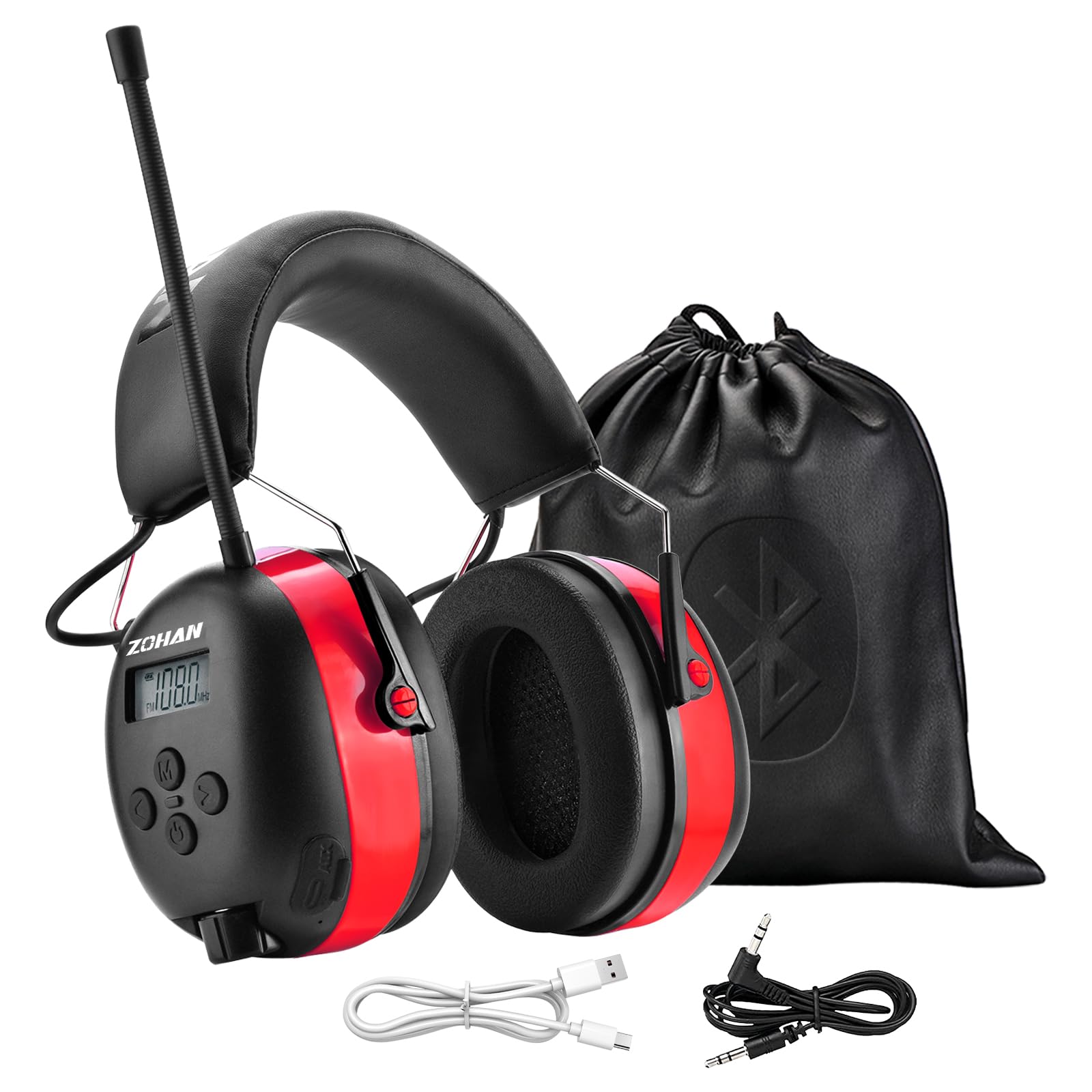 ZOHAN 033 Bluetooth AM/FM Radio Headphones with 2000mAh Rechargeable Battery, 25dB NRR Noise Cancelling Safety Earmuffs - Wireless Headphones for Construction, Shooting Range & Industrial Work Safety
