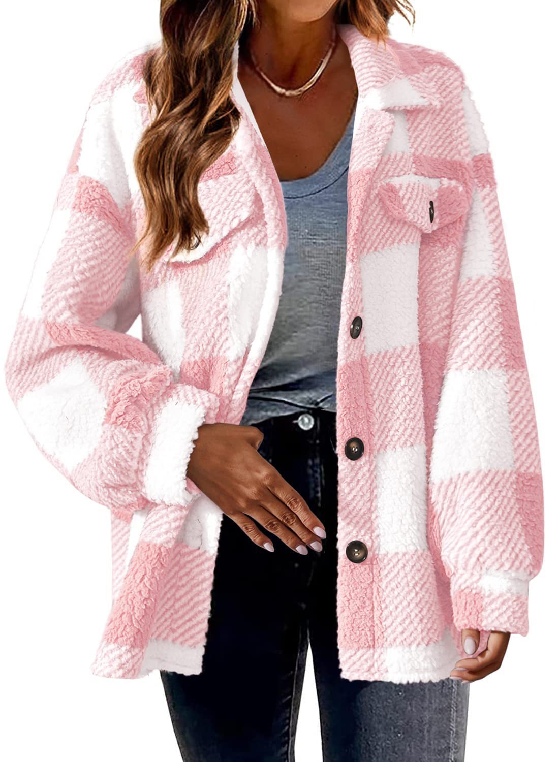 Women's Wool Plaid Jacket with Turn-Down Collar & Pockets - Single Breasted Button Down Coat for Autumn & Winter - Perfect for Office, Casual Outings & Outdoor Activities