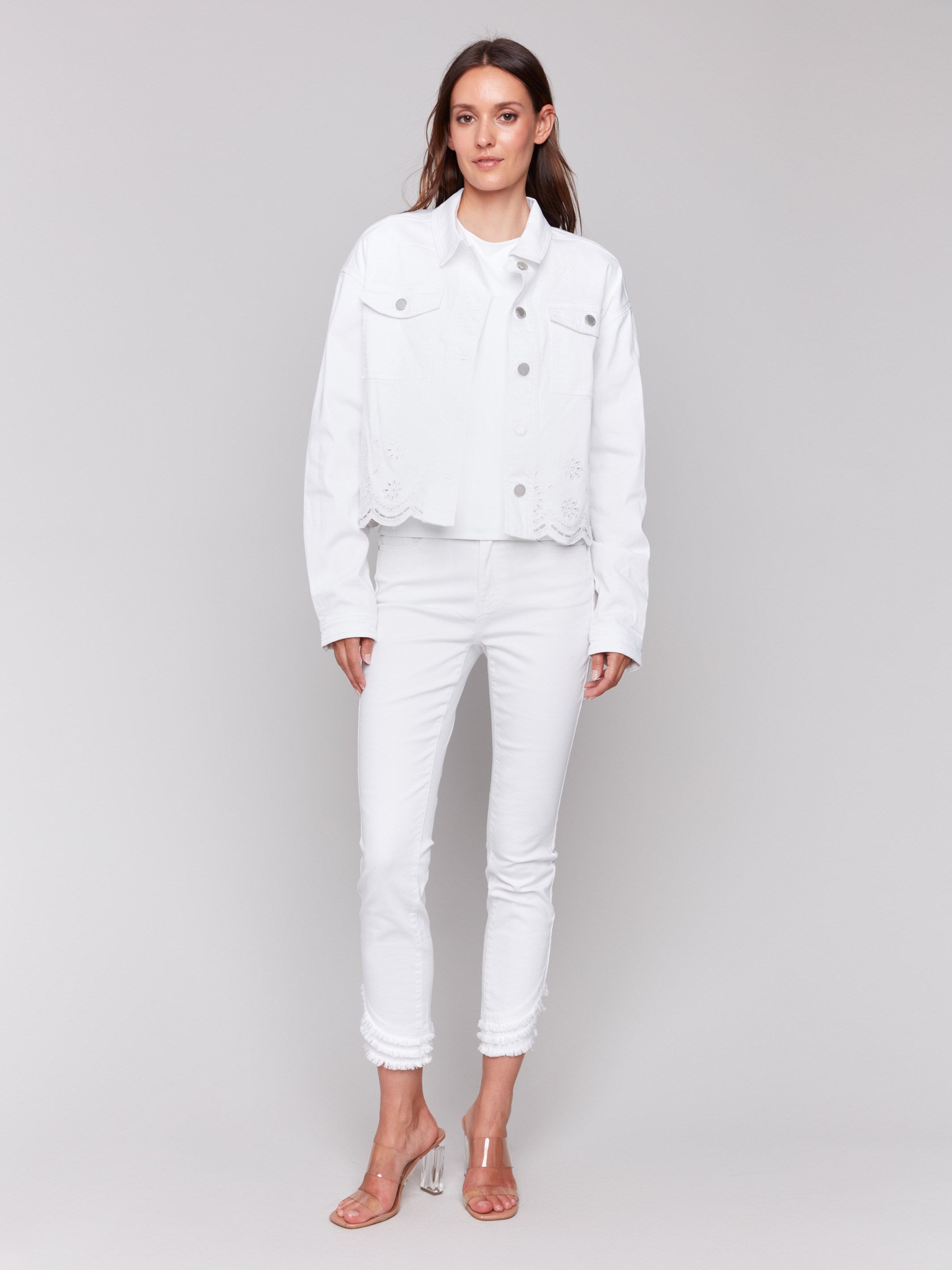 Stylish White Twill Scalloped Eyelet Jacket for Women - Perfect for Spring Outfits & Casual Wear