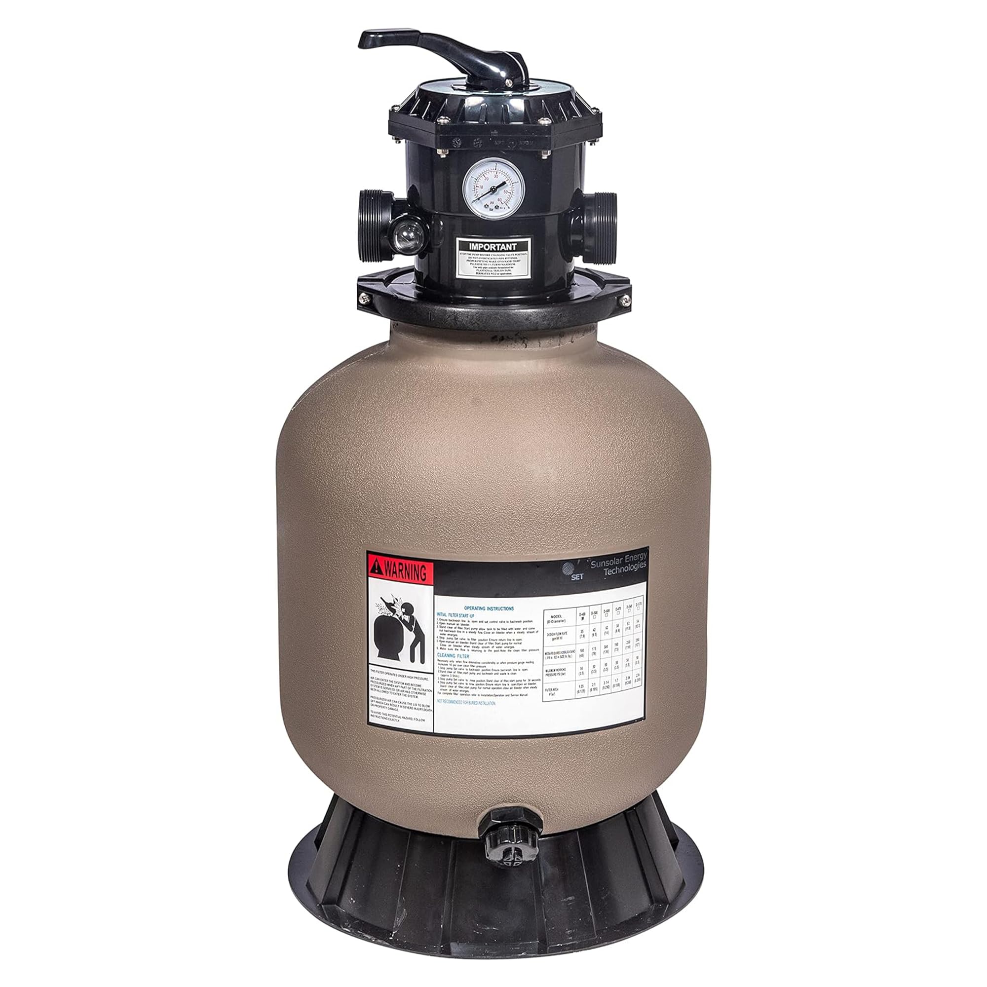 SUNSOLAR 16-Inch Sand Filter for Swimming Pools - Corrosion-Resistant Pool Cleaning System with 100 lbs Sand Capacity - Efficient Water Filtration for Debris Removal - Perfect for Inground and Above Ground Pools