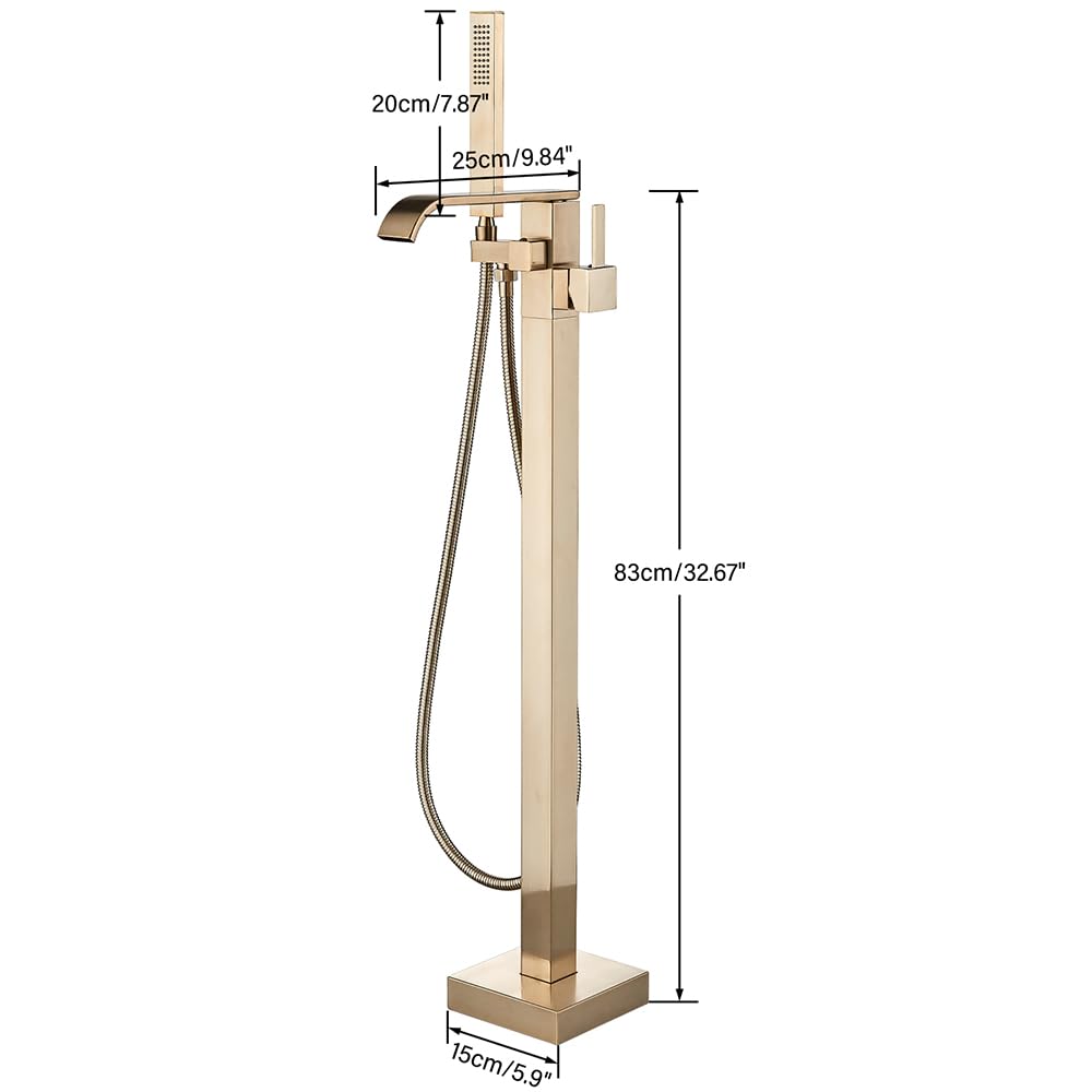 Freestanding Bathtub Faucet - Brushed Gold Floor Mount Waterfall Tub Filler with Hand Shower | High Flow Solid Brass 360° Swivel Standing Mixer Tap for Modern Bathroom | Perfect for Spa-Like Relaxation and Luxury Bathing Experience