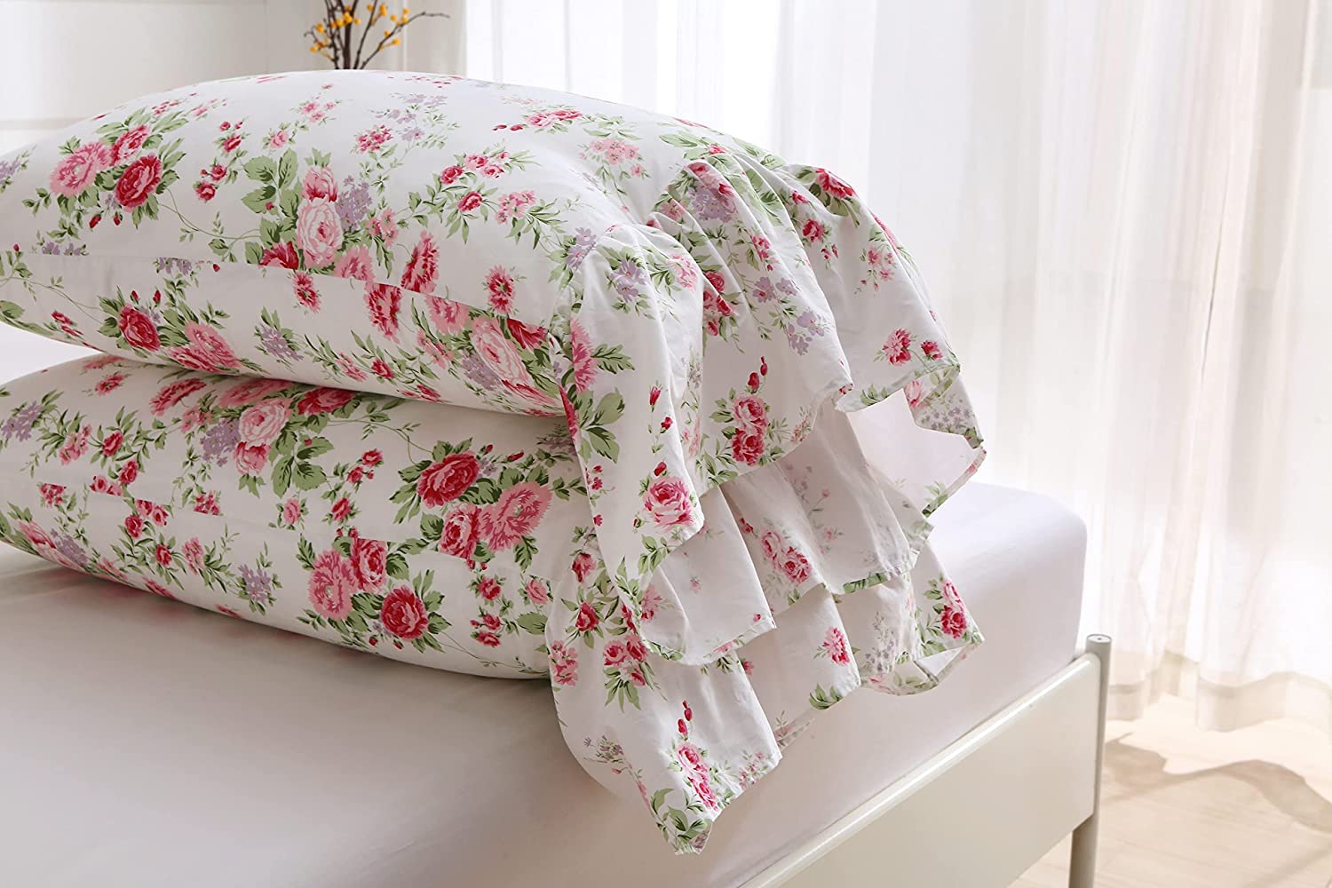 Rose Floral Long Ruffles Cotton Pillow Shams Set of 2 - King Size Bedding, Decorative Cushion Covers for Master Bedroom, Living Room Sofa, Home Decor