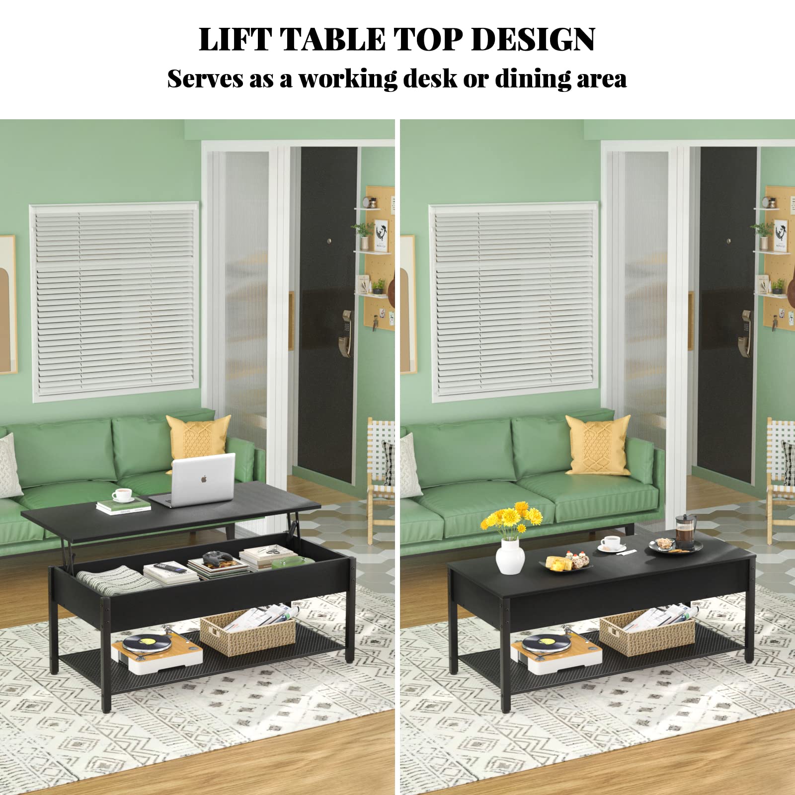 Homieasy Lift Top Coffee Table with Storage Shelf & Hidden Compartment - Modern Wood Lift Tabletop with Metal Frame for Living Room - Perfect for Small Spaces, Home Office & Entertaining Guests (Black)