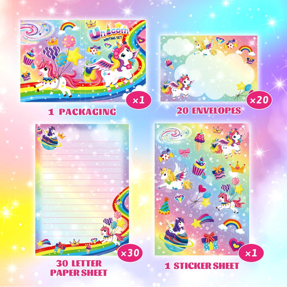 Unicorn Stationery Set for Kids - 30 Lined Letter Writing Papers & 20 Envelopes (8.3