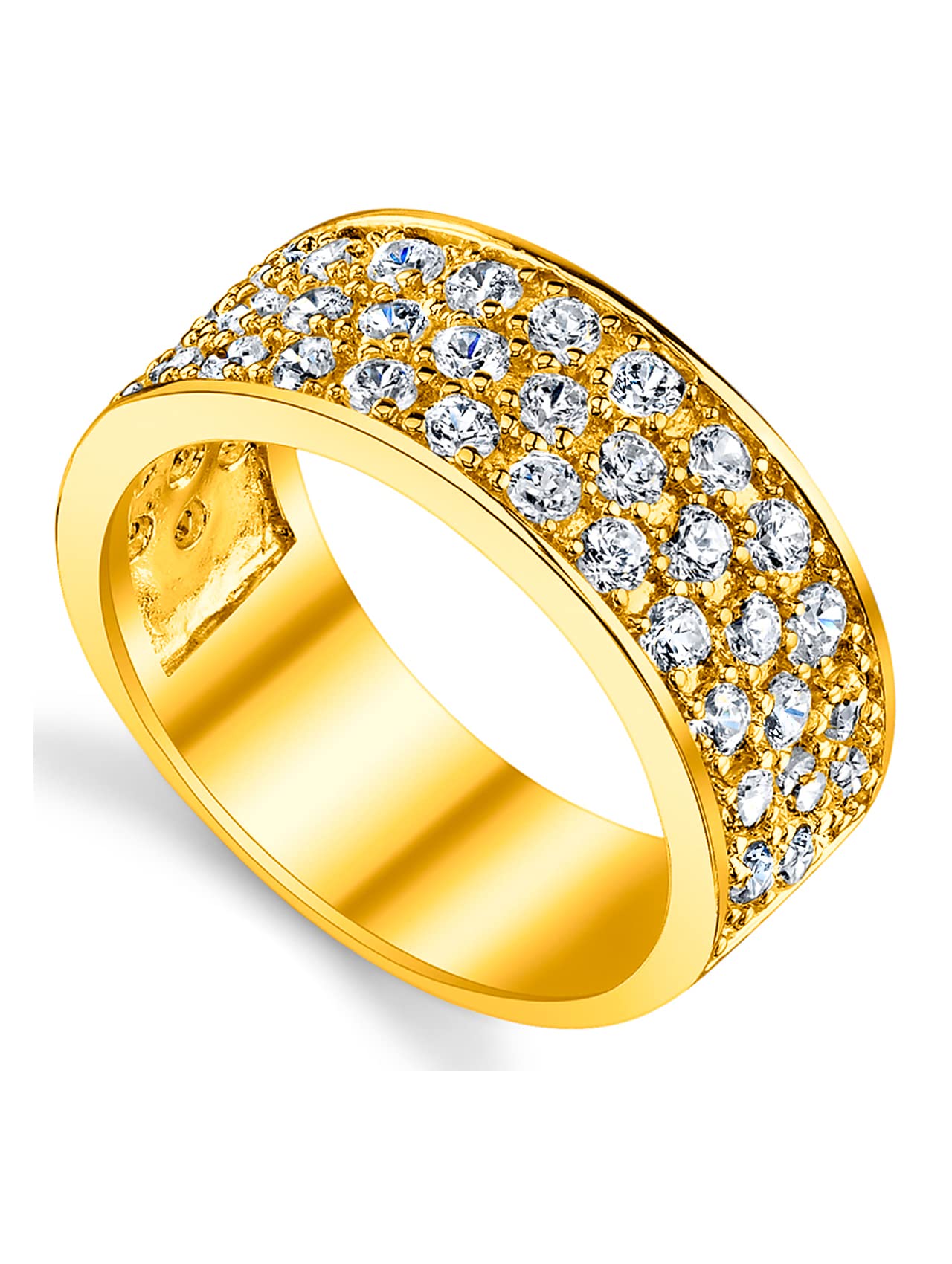 Sterling Silver 925 & 14K Gold Men's Wedding Band Ring - 3 Row Cubic Zirconia CZ 9MM Width - Durable Comfort Fit for Engagement, Anniversary & Everyday Wear