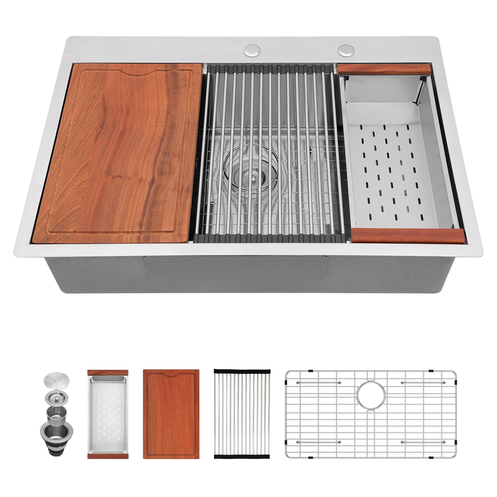 30”x22“ Drop-In Workstation Kitchen Sink - 16 Gauge Stainless Steel Handmade Single Bowl with Ledge Topmount - Contemporary Deep Basin for Modern Kitchens (Perfect for Meal Prep, Dishwashing & Entertaining)