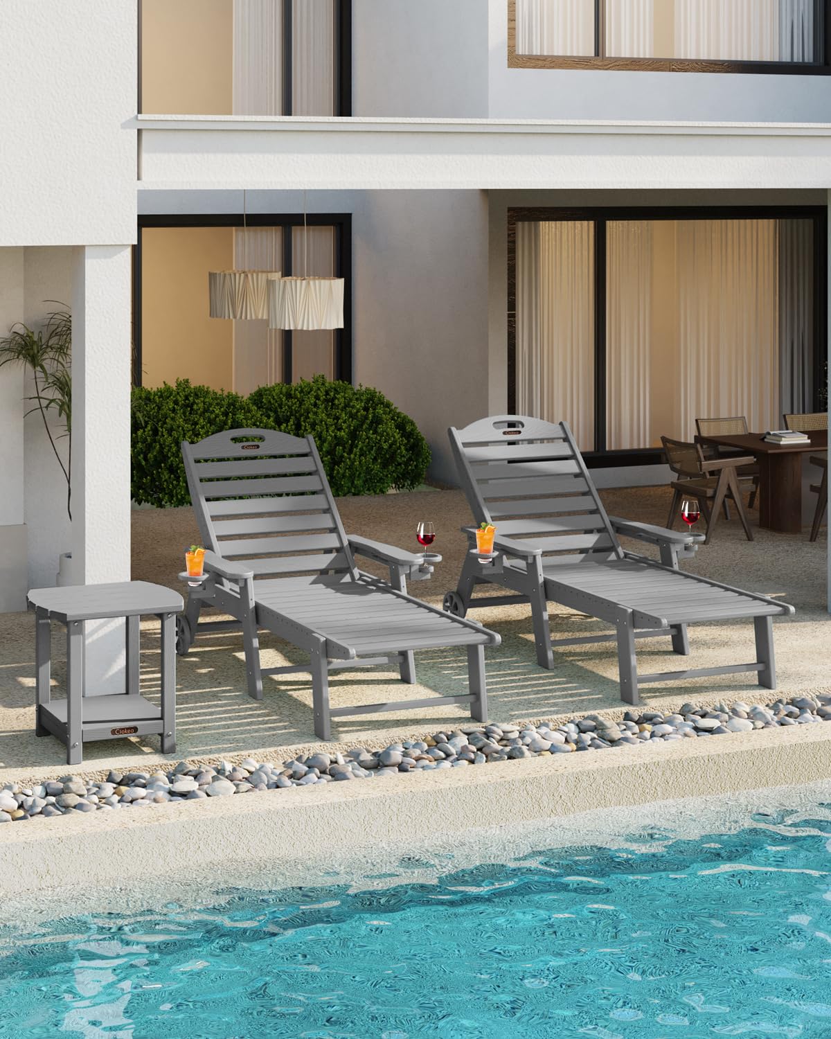Adjustable 5-Position Outdoor Chaise Lounge Chair with Wheels & Double Cup Holders - Wood Texture Patio Poolside Lounger for Backyard, Deck, Beach - Grey | Perfect for Sunbathing, Relaxing by the Pool or Garden