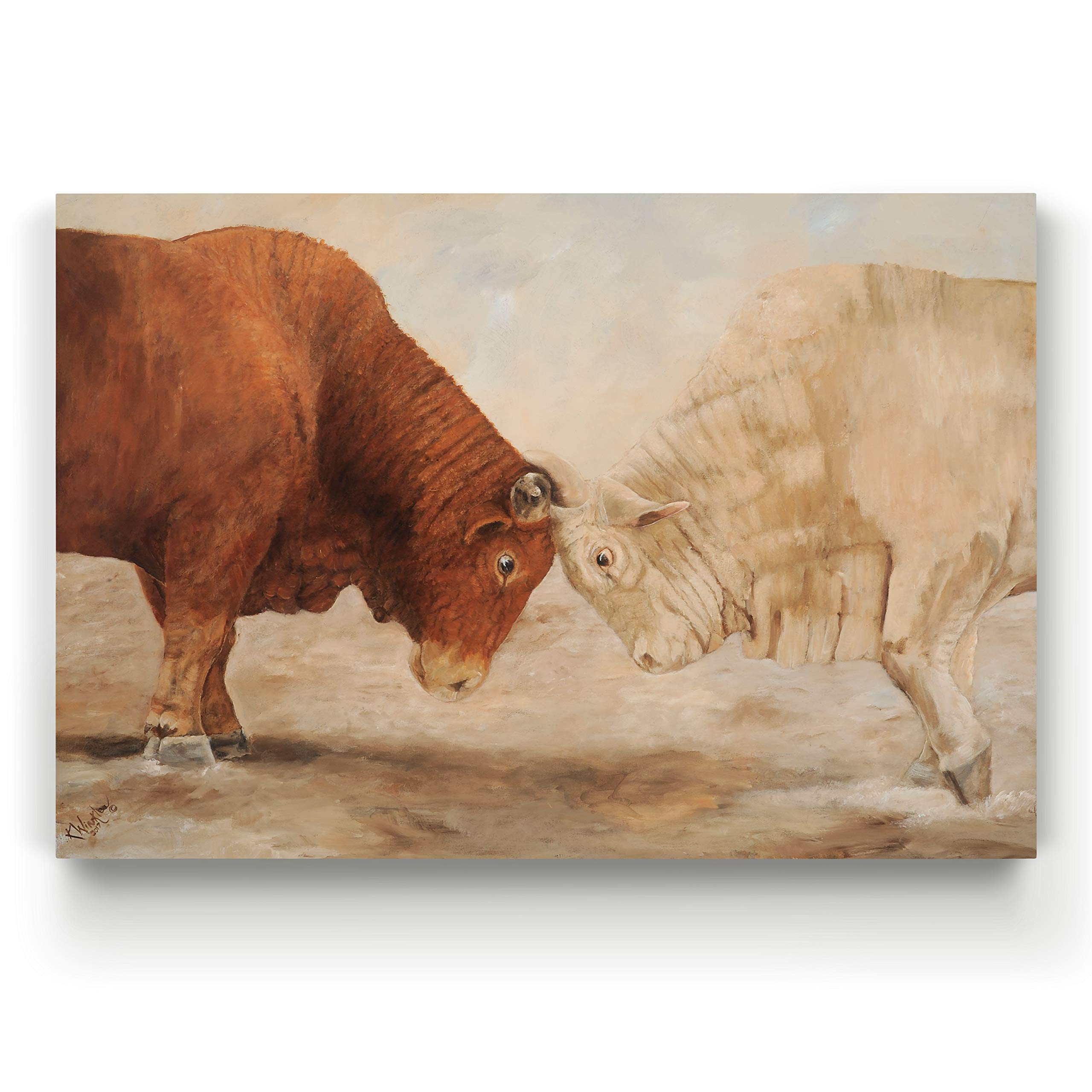 Premium Gallery Wrapped Canvas Wall Art - Two Bulls Fighting in Vibrant Orange, White & Brown - Western Style Home Decor (32x48 Inches) - Ready to Hang Made in USA | Perfect for Living Room, Office or Western-Themed Spaces
