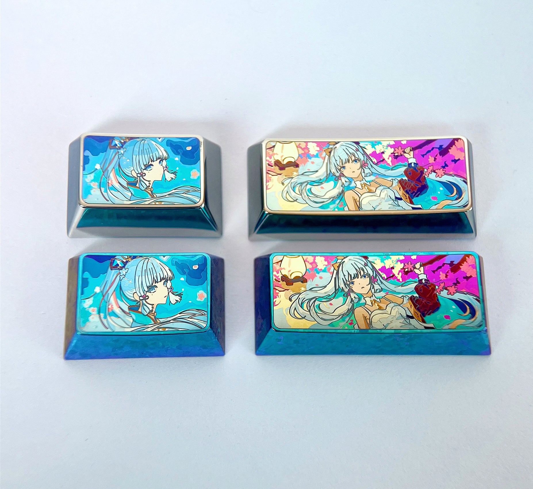 Premium Kamisato Ayaka Titanium Alloy Custom Keycaps - 1.5U (Tab)/2.25U (Enter) Metal Decorative Keyboard Keycaps for Mechanical Keyboards - Perfect for Gaming, Typing & Custom Keyboard Builds