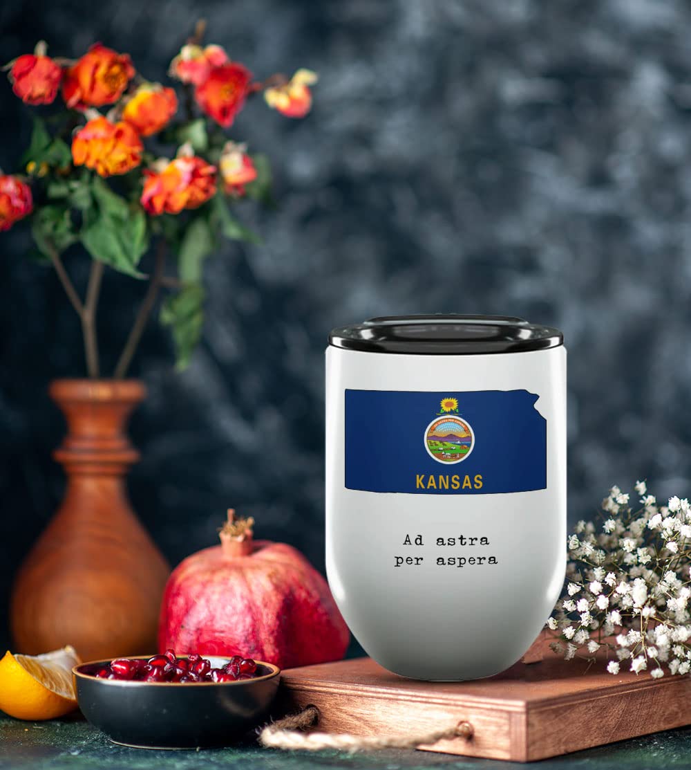 12 Oz Insulated Wine Tumbler with Lid - Kansas Sunflower State Gifts & Souvenirs - USA State Motto & Flag Drinkware - Perfect for College Graduation, Picnics & Outdoor Events