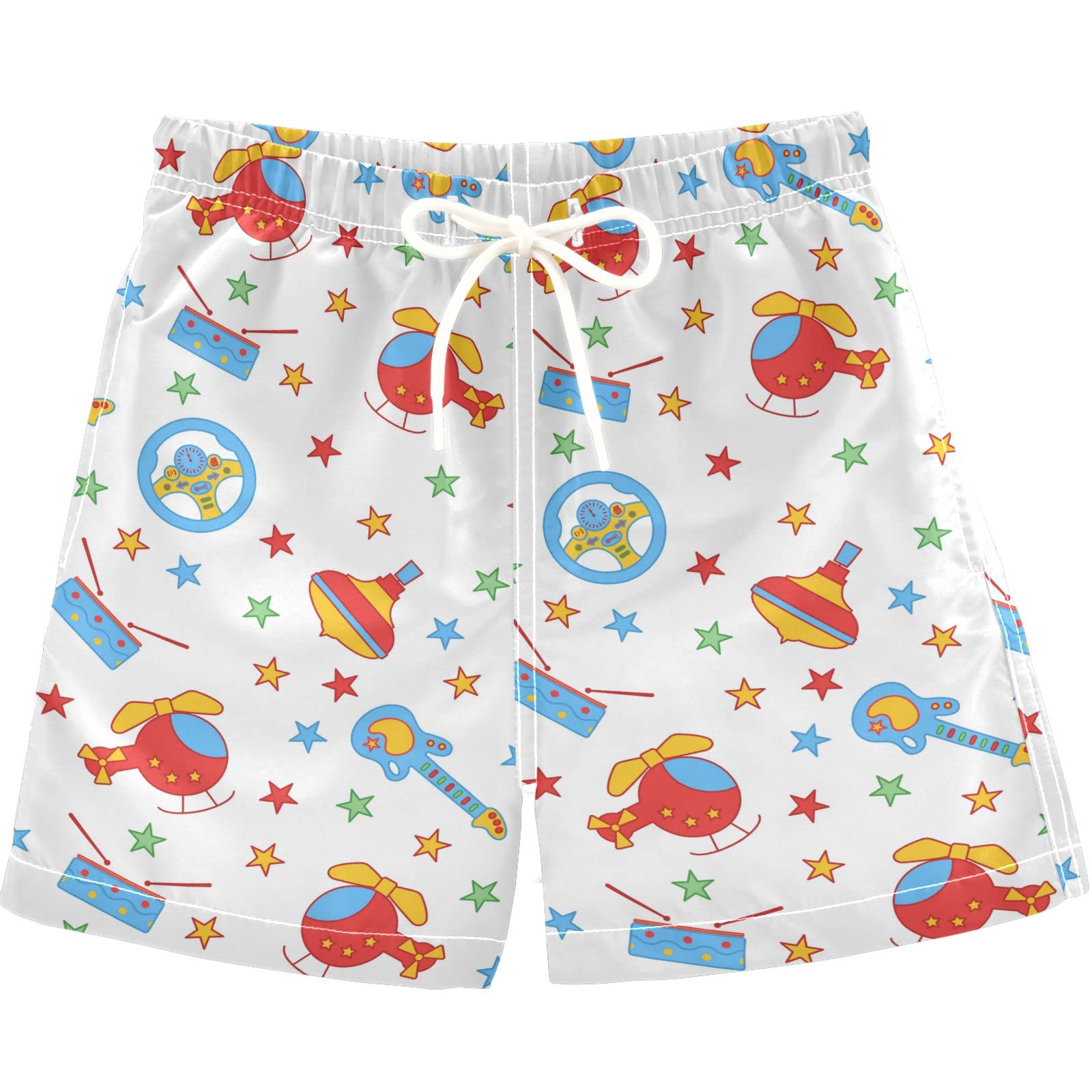 Visesunny Boys Swim Trunks - Helicopter Drum Guitar Toy Wheel Star Print Toddler Bathing Suit, Quick-Dry Sports Board Shorts for Kids Beach, Pool & Summer Water Play