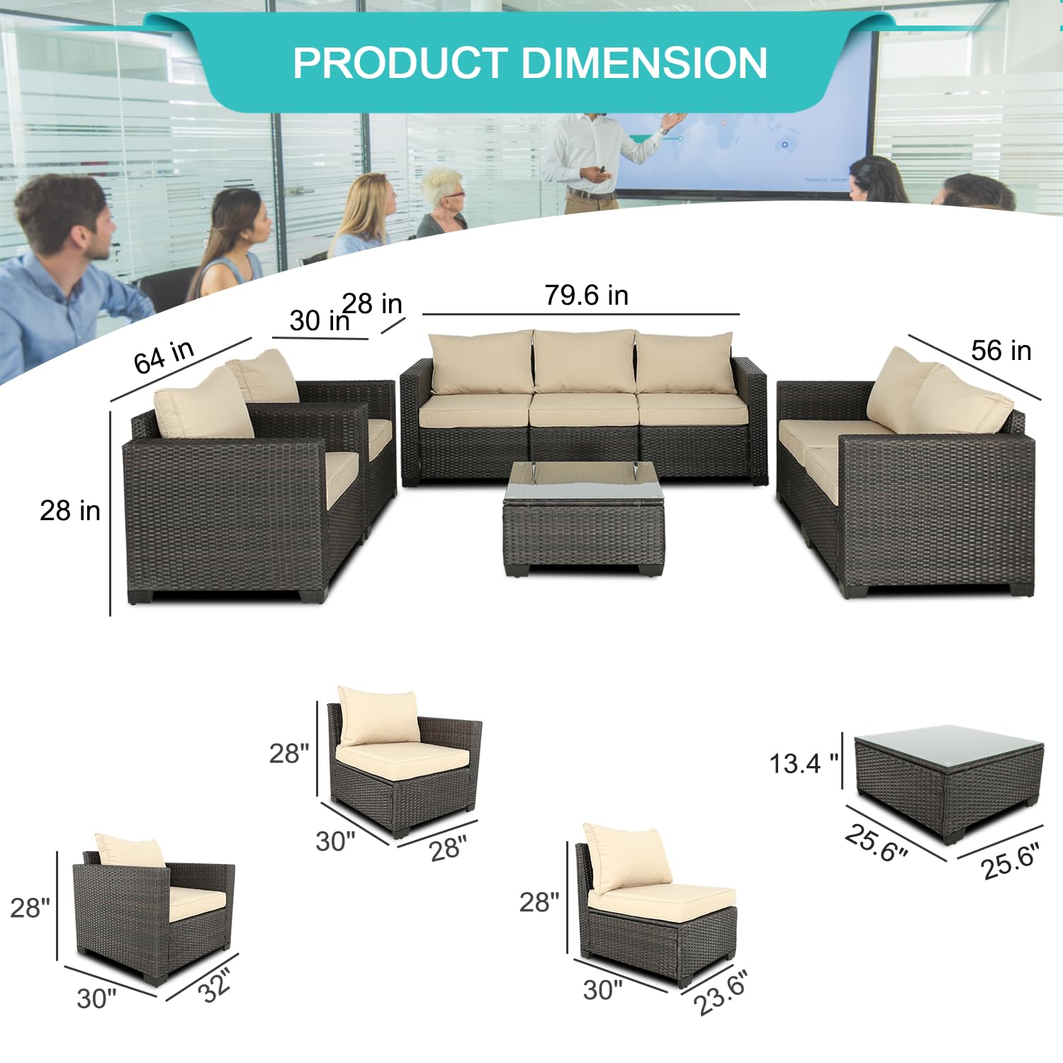 Outdoor Patio Furniture Set 8-Piece Rattan Conversation Set with Table - Brown Beige Wicker Chairs for Backyard, Garden, Balcony, Porch & Poolside - Perfect for Relaxing, Entertaining & Outdoor Dining
