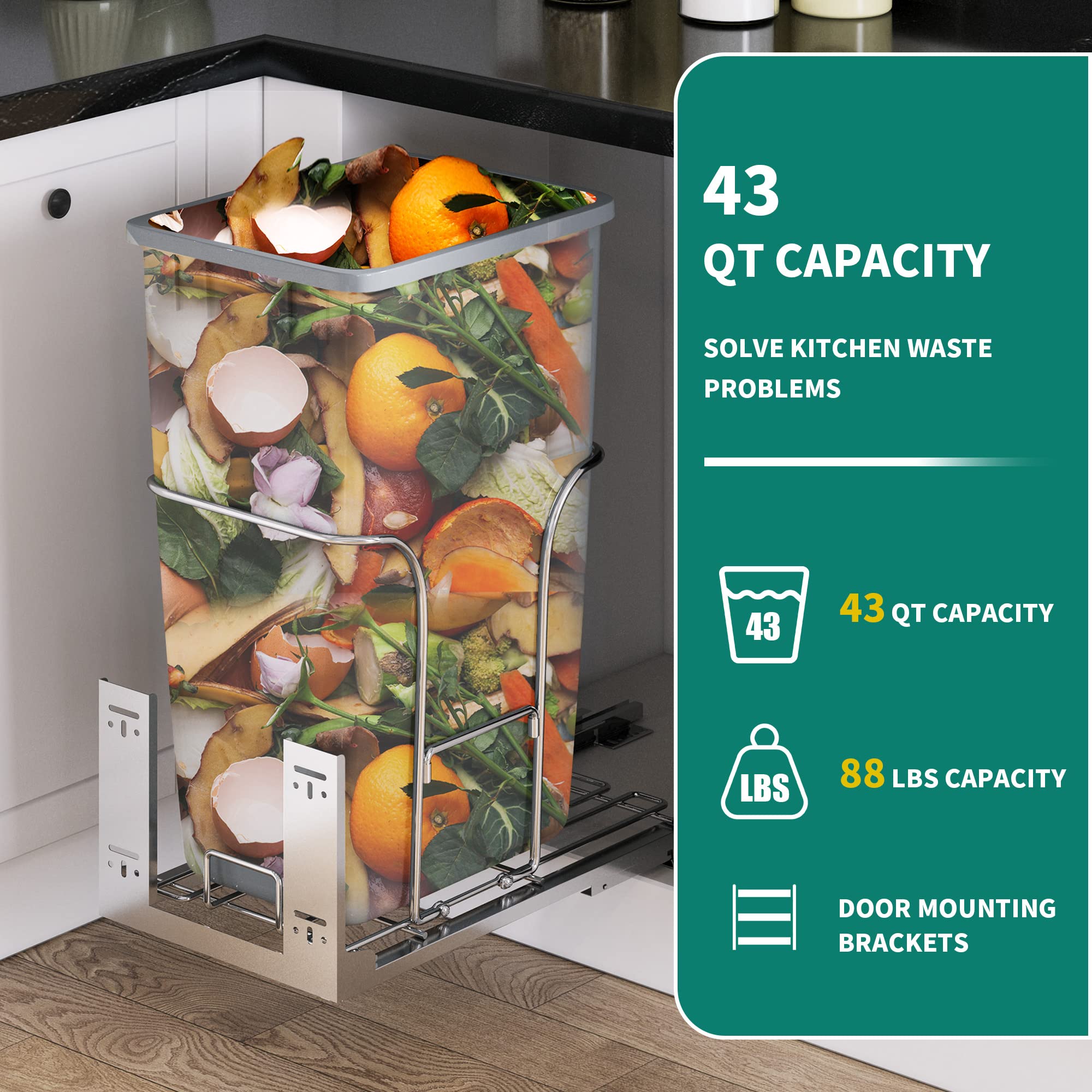 YITAHOME 43 Quart (XL) Pull-Out Trash Can with Lid & Silent Slides - Under Cabinet Recycling Bin for 14.2