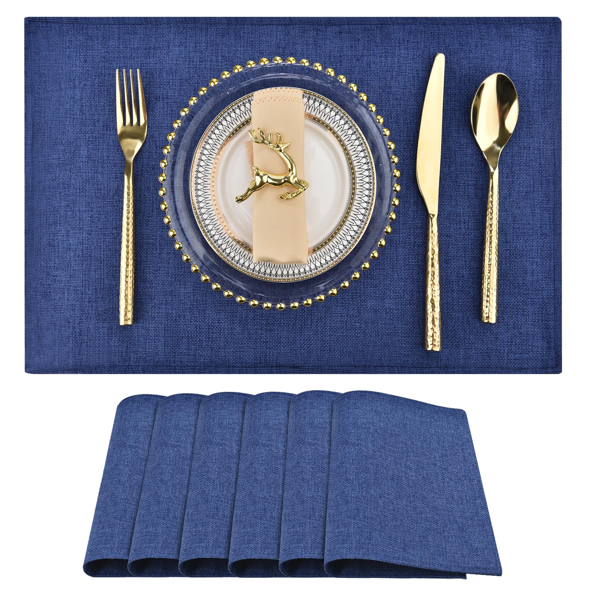 Premium Navy Blue Fabric Placemats Set of 6 - Machine Washable & Heat Resistant Non-Slip Table Mats - Elegant Dining Decor for Everyday Meals & Dinner Parties (12