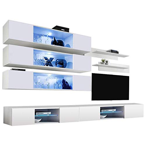 Modern White Wall-Mounted TV Stand with Storage Shelves & LED Lights - J3 33