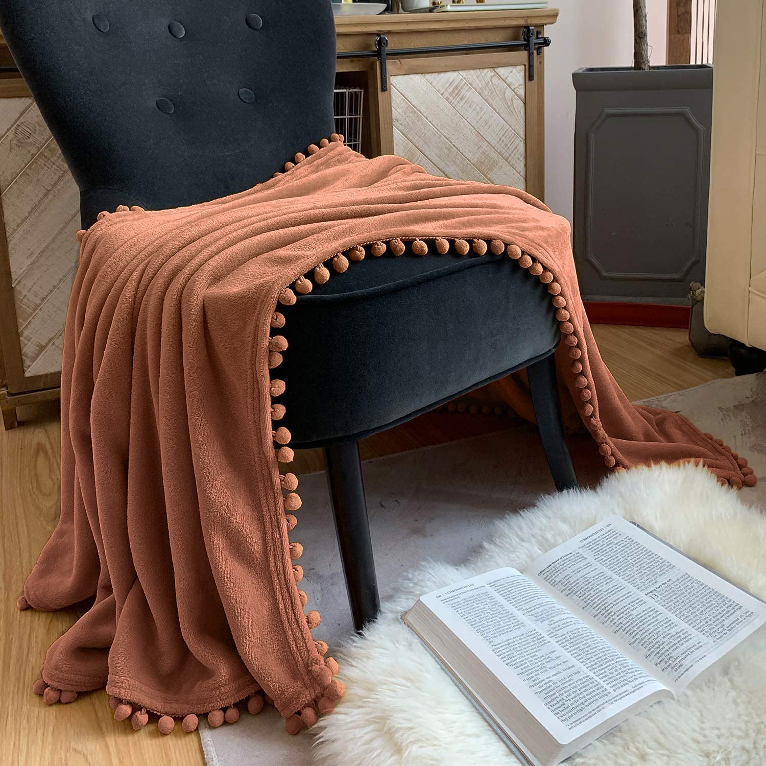 LOMAO Soft Flannel Blanket with Pompom Fringe - Lightweight Cozy Throw Blanket for Bed, Couch & Sofa - All Season Warm Fleece Blanket (Caramel, 60