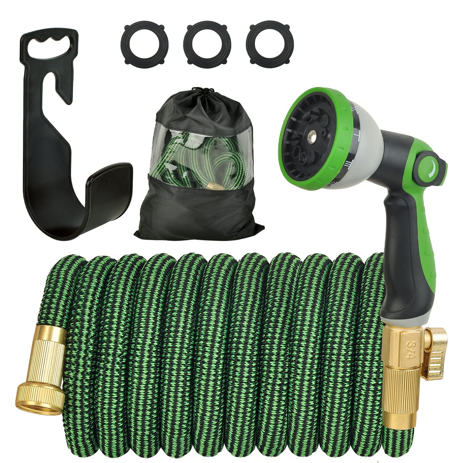 **Sefuez 50ft Expandable Garden Hose with 10-Function Nozzle, 3-Layer Latex & Solid Brass Fittings - Leakproof, Durable, Lightweight (Green) - Perfect for Watering Lawns, Washing Cars & Outdoor Cleaning**