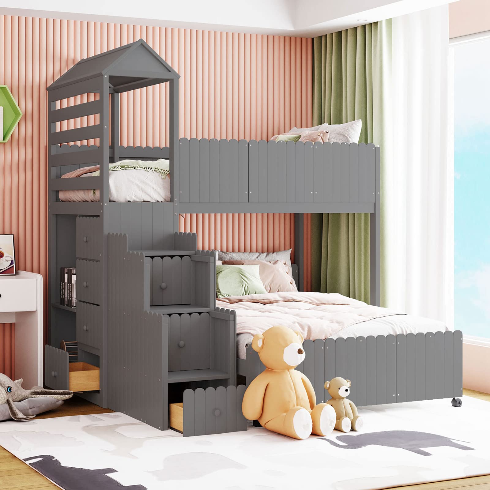 Twin Over Full Bunk Bed with Stairs & 7 Storage Drawers - Solid Wood Loft Bed with 2 Shelves & Separate Platform - Space-Saving Kids Bedroom Furniture for Boys & Girls (Gray) - Perfect for Small Rooms, Shared Bedrooms & Sleepovers