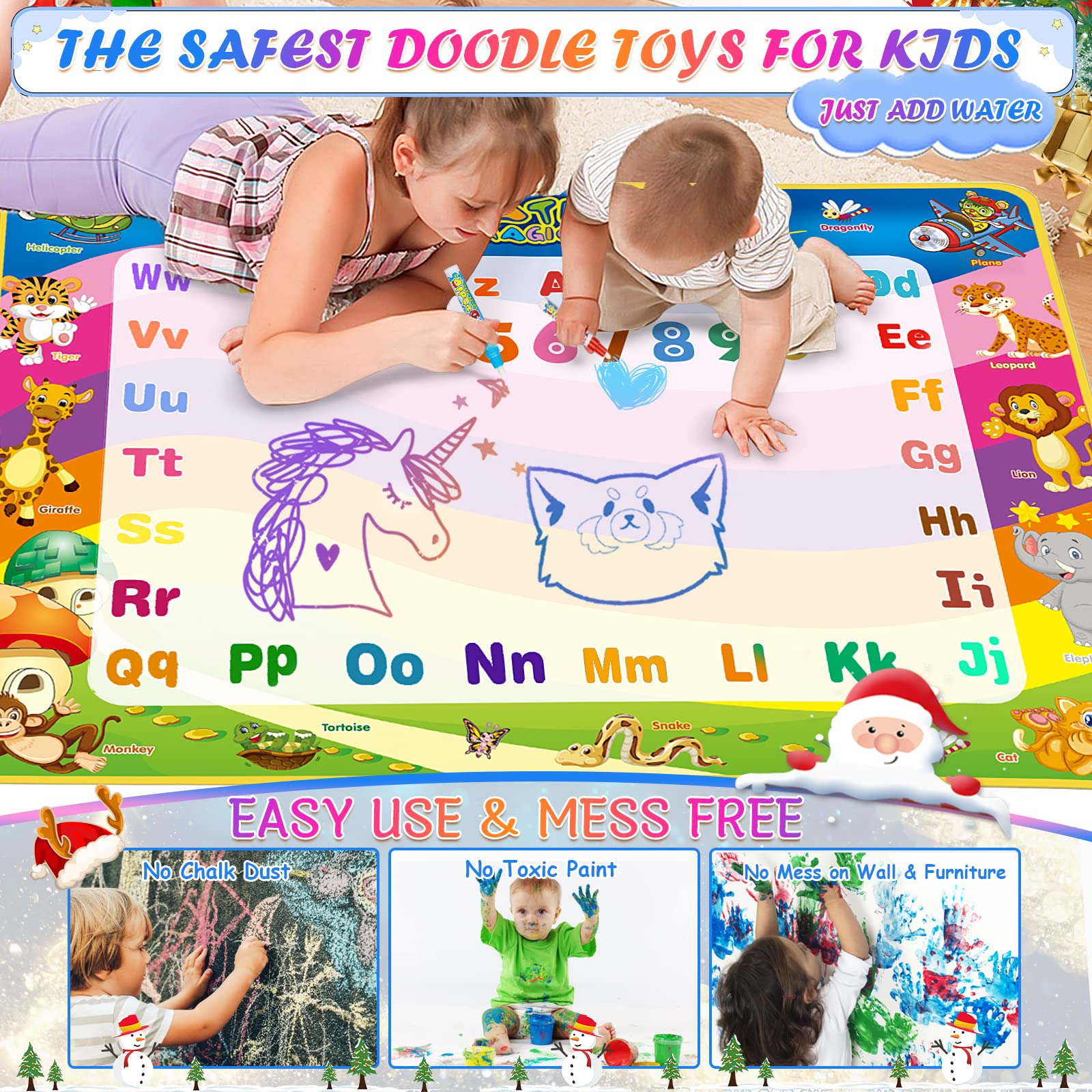 Water Doodle Mat for Kids Ages 2-7 | 40x30 Inch Large Reusable Drawing Mat | Mess-Free Coloring & Learning Toy | Perfect Birthday Gift for Toddlers & Preschoolers | Indoor Play, Travel Activity, Early Education Development