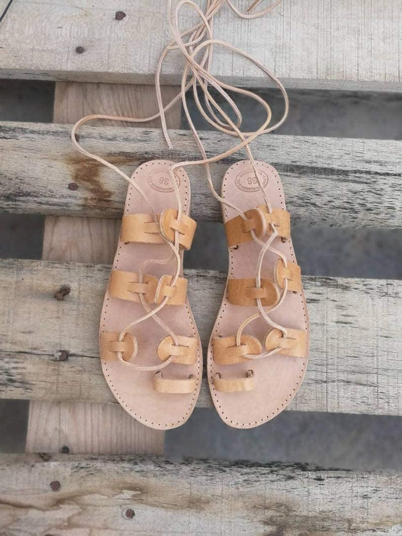 Handmade Greek Leather Sandals - Tie Up Gladiator Sandals for Women | Lace Up Flat Sandals | Perfect for Beach, Vacation & Summer Outfits
