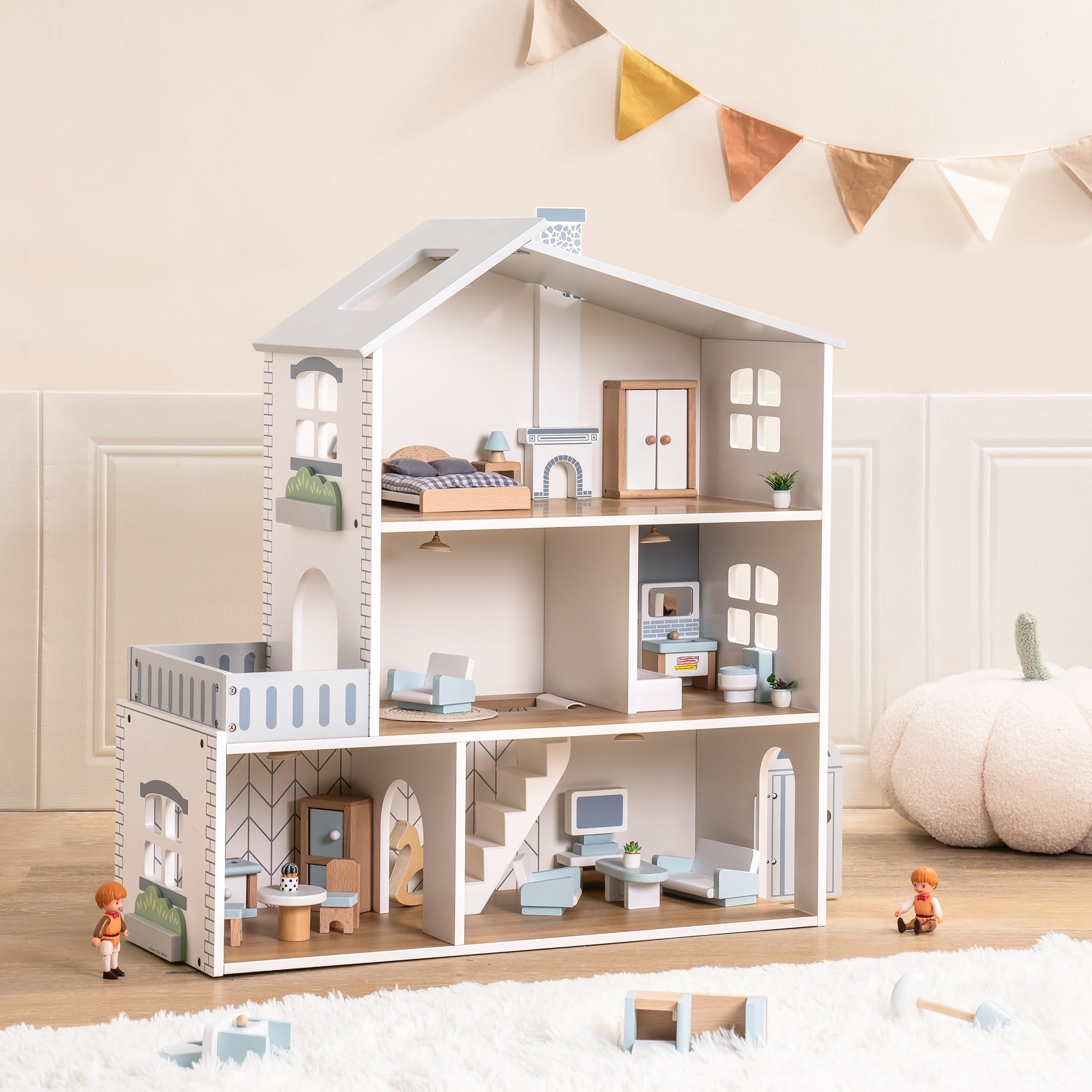 ROBOTIME Wooden Dollhouse with 29 Pieces of Furniture - 6 Room Miniature House for 4-6 Inch Dolls - Creative Gift for Kids Ages 3+ - Perfect for Pretend Play, Birthday Gifts & Home Decor