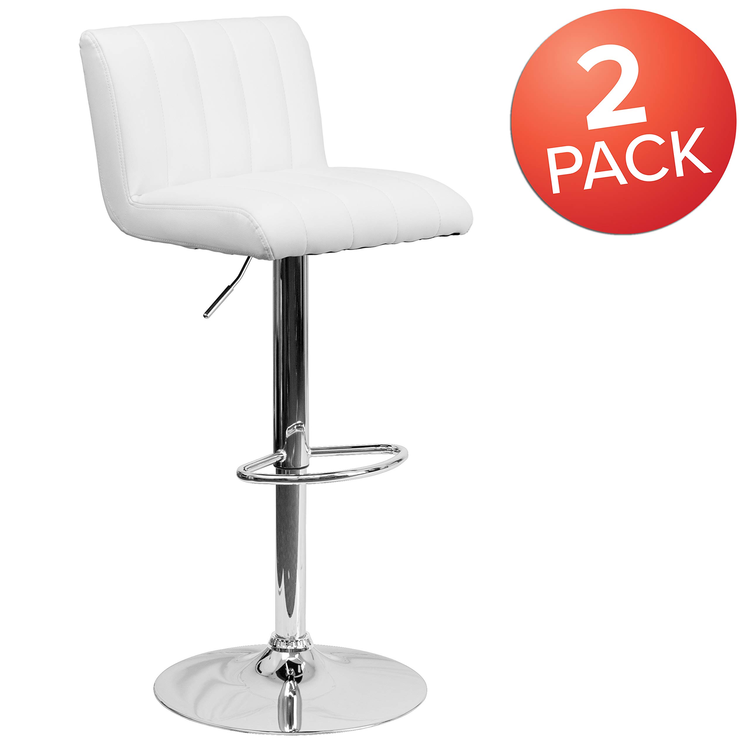 2 Pack White Vinyl Adjustable Bar Stools with Vertical Stitch Design & Chrome Base - Modern Kitchen Counter Stools for Dining Room, Bar, or Breakfast Nook