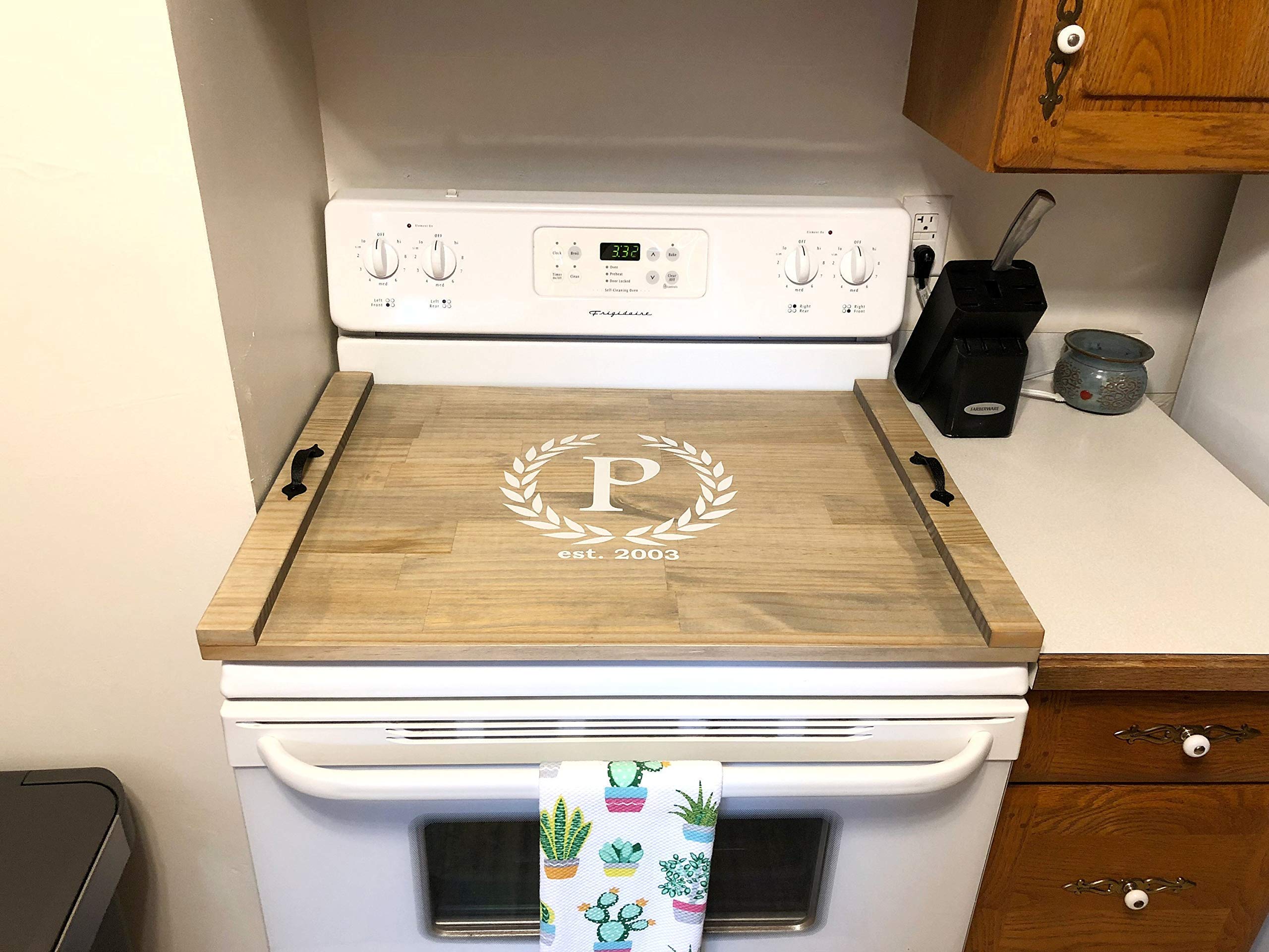 Rustic Wood Stove Top Cover - Decorative Wooden Tray for Stove - Personalized Kitchen Countertop Protector - Perfect for Farmhouse Style Kitchens & Holiday Decor