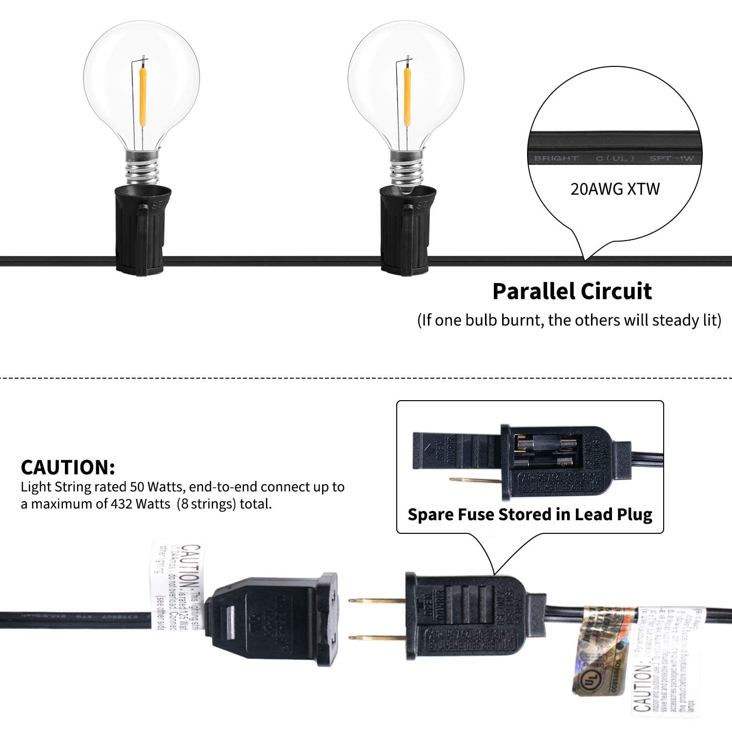 Brightown 50Ft Outdoor LED String Lights with 52 Shatterproof G40 Bulbs (2 Spare) - Waterproof Hanging Globe Lights for Patio, Backyard, Porch, Balcony & Bistro Decor - E12 Socket, 2200K Warm White - Perfect for Parties, Weddings & Outdoor Dining