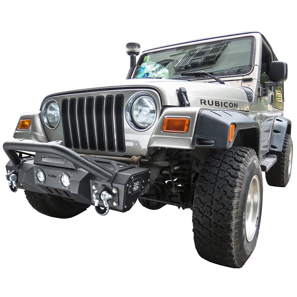 Black Textured Front Bumper with Winch Plate, 4 Aluminum Lights & 2 D-Rings for 1997-2006 Jeep Wrangler TJ - Off-Road Protection & Adventure-Ready Upgrade