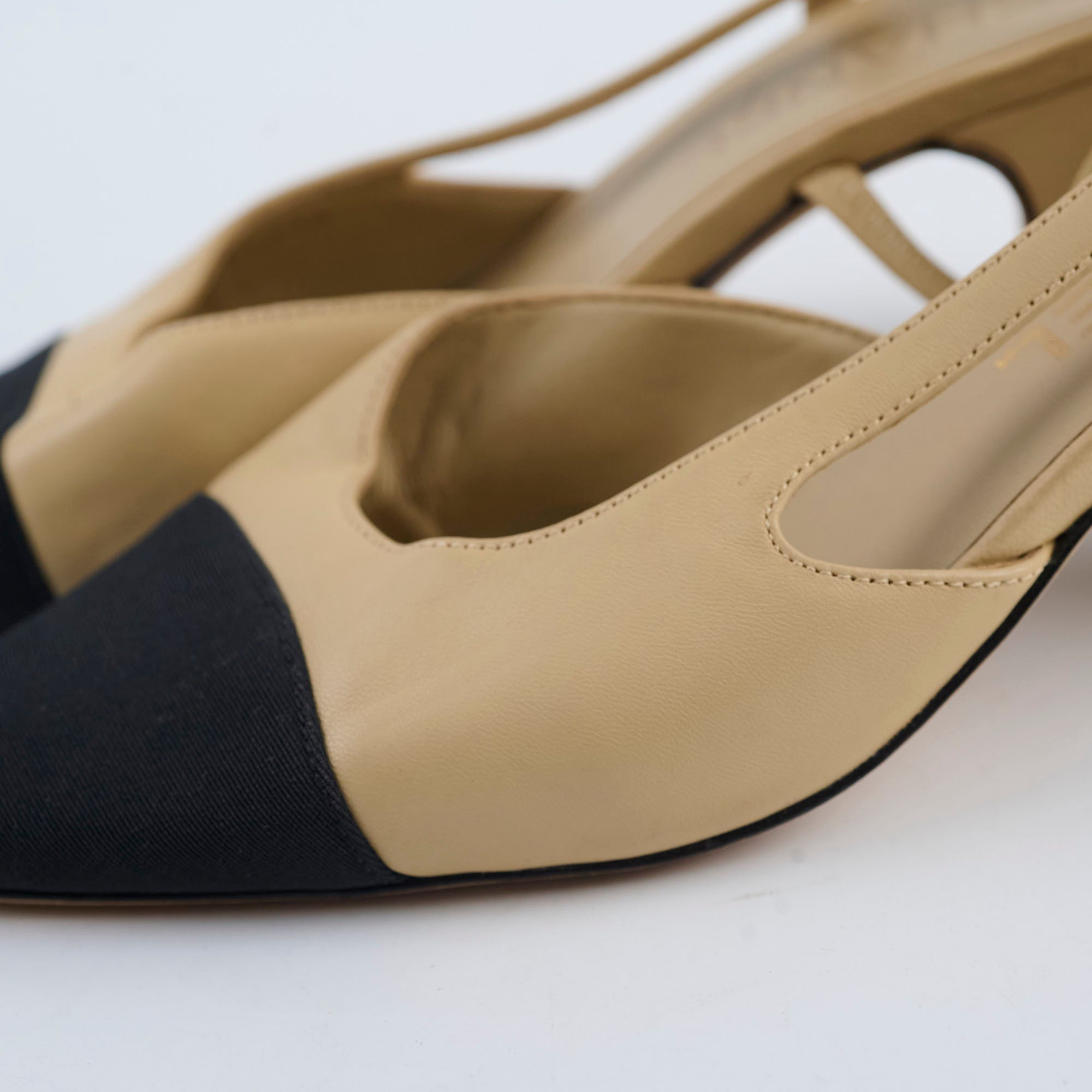 Chanel Beige & Black Two-Tone Slingback Heels Size 37 - Elegant Women's Dress Shoes for Office, Wedding & Evening Events